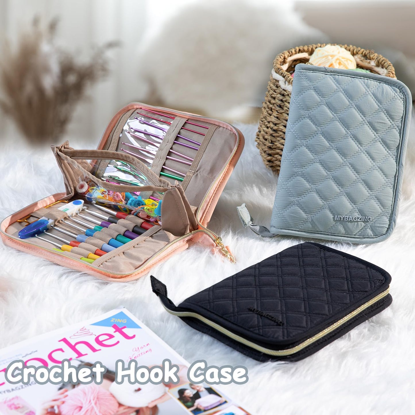 MYBAGZING Crochet Hook Case – Empty Organizer with 24 Slots for Crochet Hooks & Ergonomic Aluminum Crochet Needles, Zipper Pocket for Accessories and Supplies