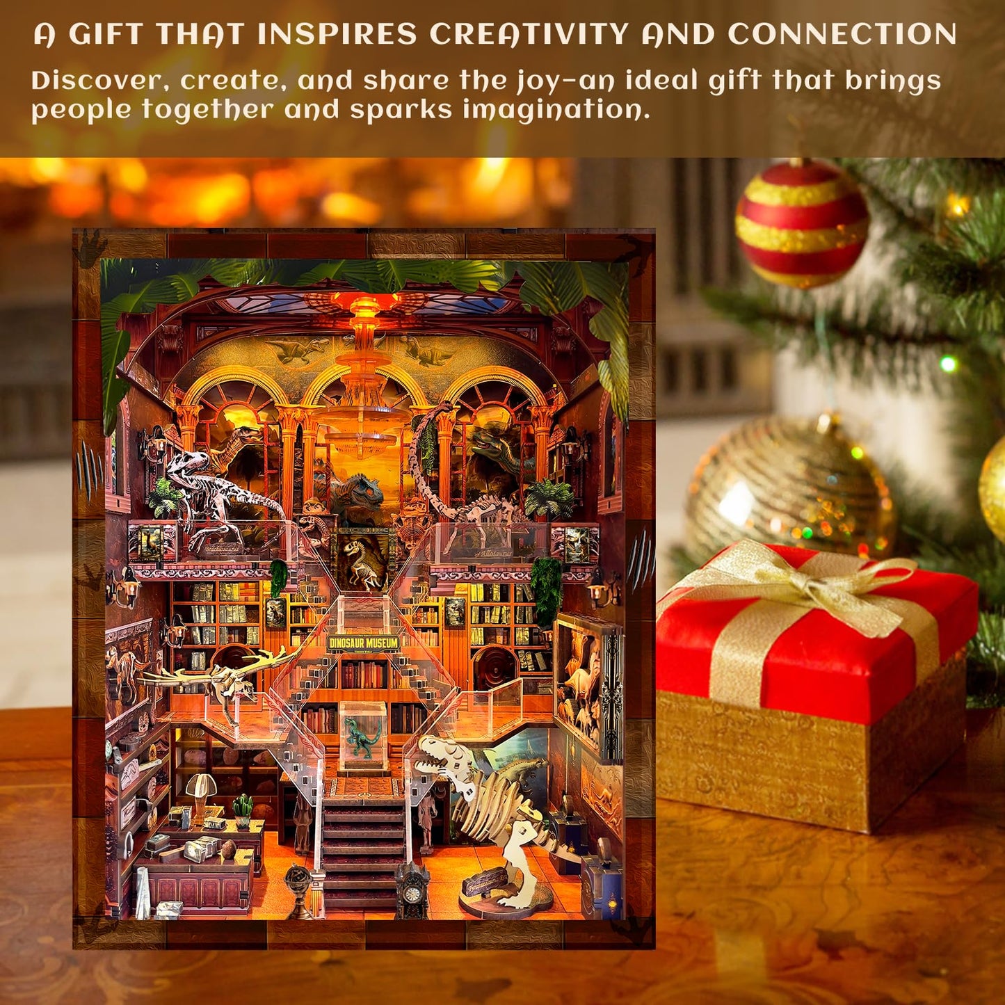 Book Nook Kit - DIY 3D Wooden Puzzle Miniature House with LED Lights - Creative Crafts for Adults - Bookshelf Insert Decor - Educational Gift for Family & Friends(Dinosaur Museum)