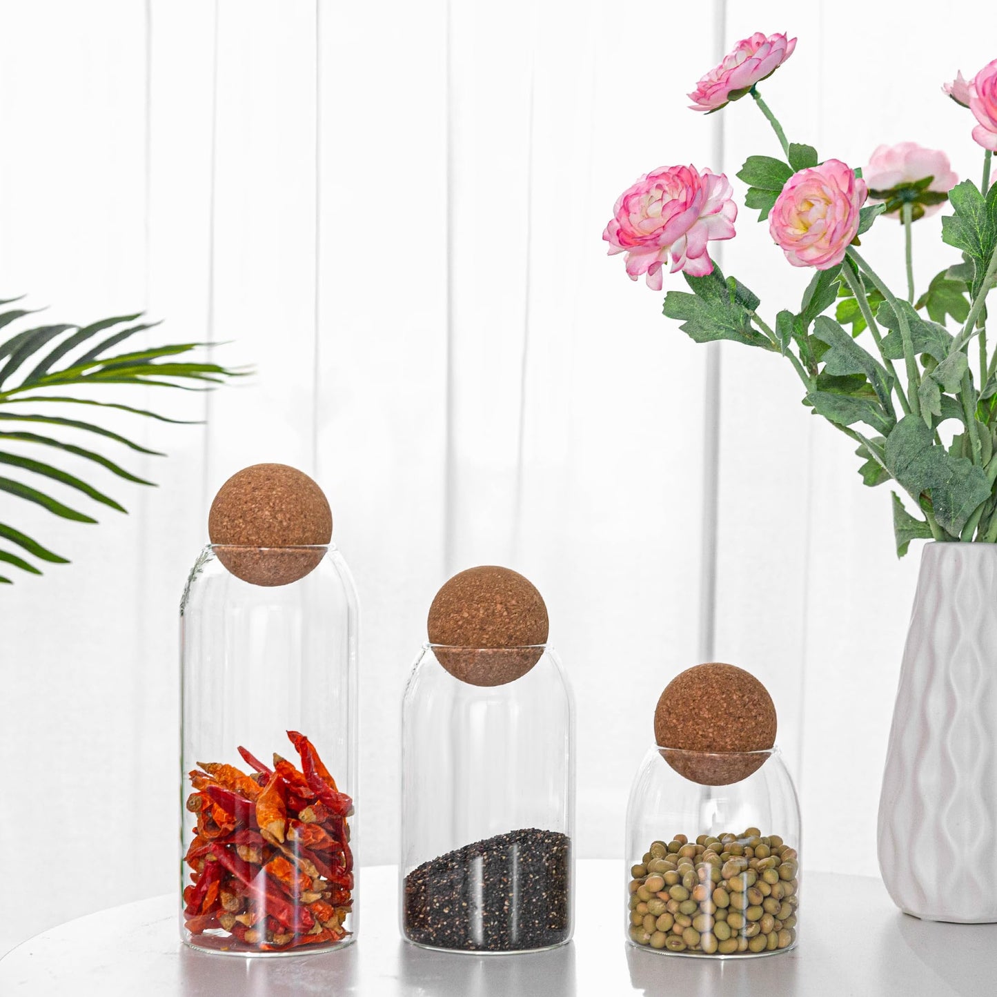 Wisifayardin Glass Storage Jars with Ball Cork Lids - 3 Pcs Set, Decorative Round Glass Canisters, Wood Ball Lids, Sizes: 500ML/17Oz, 800ML/27Oz, 1000ML/34Oz