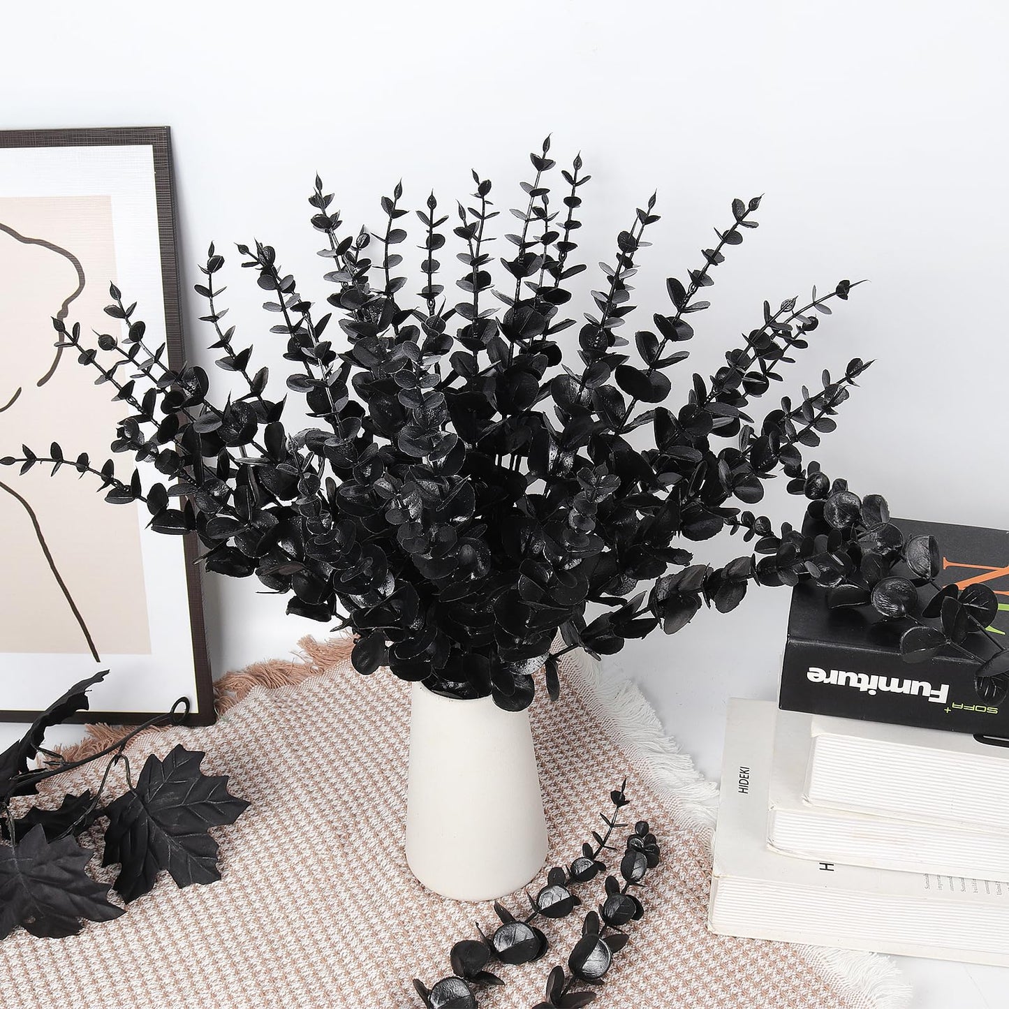 RECUTMS 36Pcs Black Eucalyptus Leaves Stems Artificial Eucalyptuses Leaf Branches for Halloween Picks Autumn Fall Floral Arrangement Wedding Centerpiece Flower Bouquet Home Office Decoration