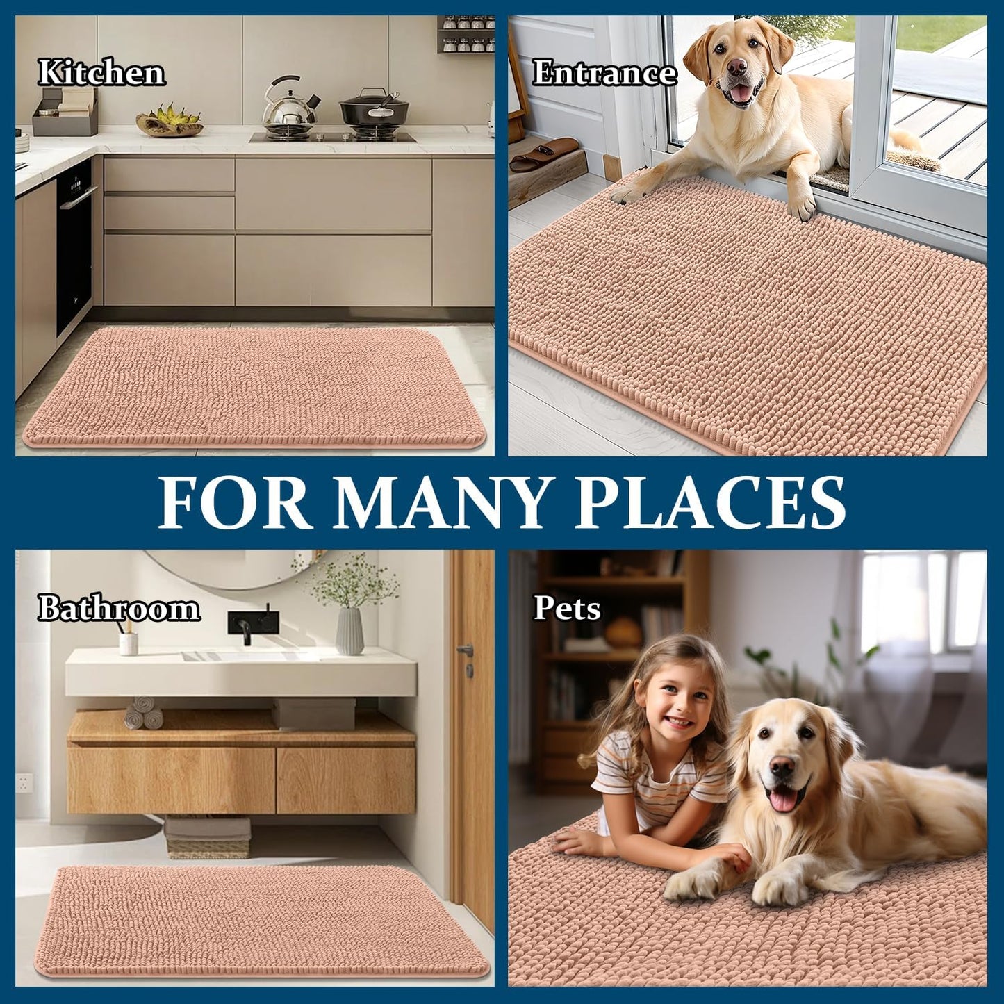 OLANLY Dog Door Mat - Absorbent Non-Slip Washable Doormat for Muddy Paws | 36x24 Peach Chenille Carpet