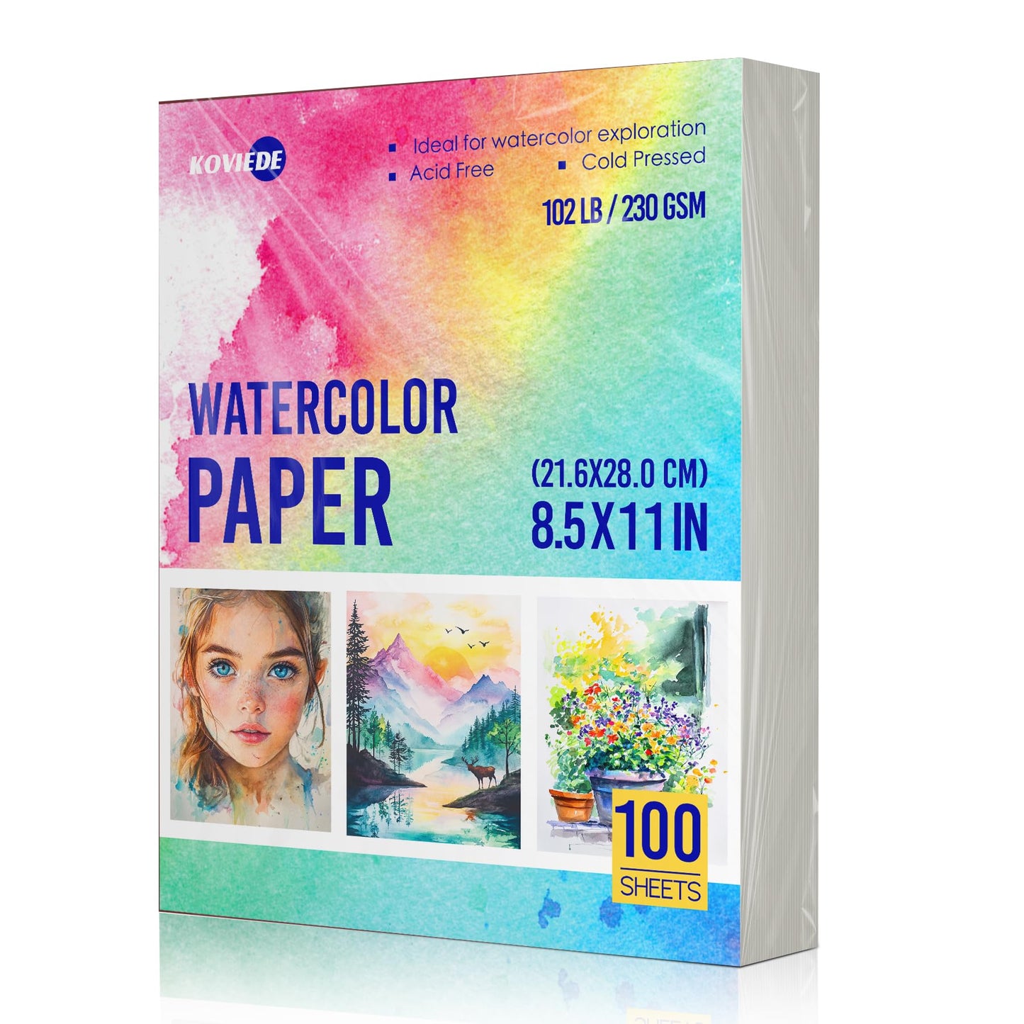KOVIEDE 100 Sheets Watercolor Paper 8.5x11 Inch 102LB/230GSM Cold Press Practice Paper for Students and Beginners, Acid-Free Heavyweight Art Sheets for Painting, Printing, Scanning & Crafting