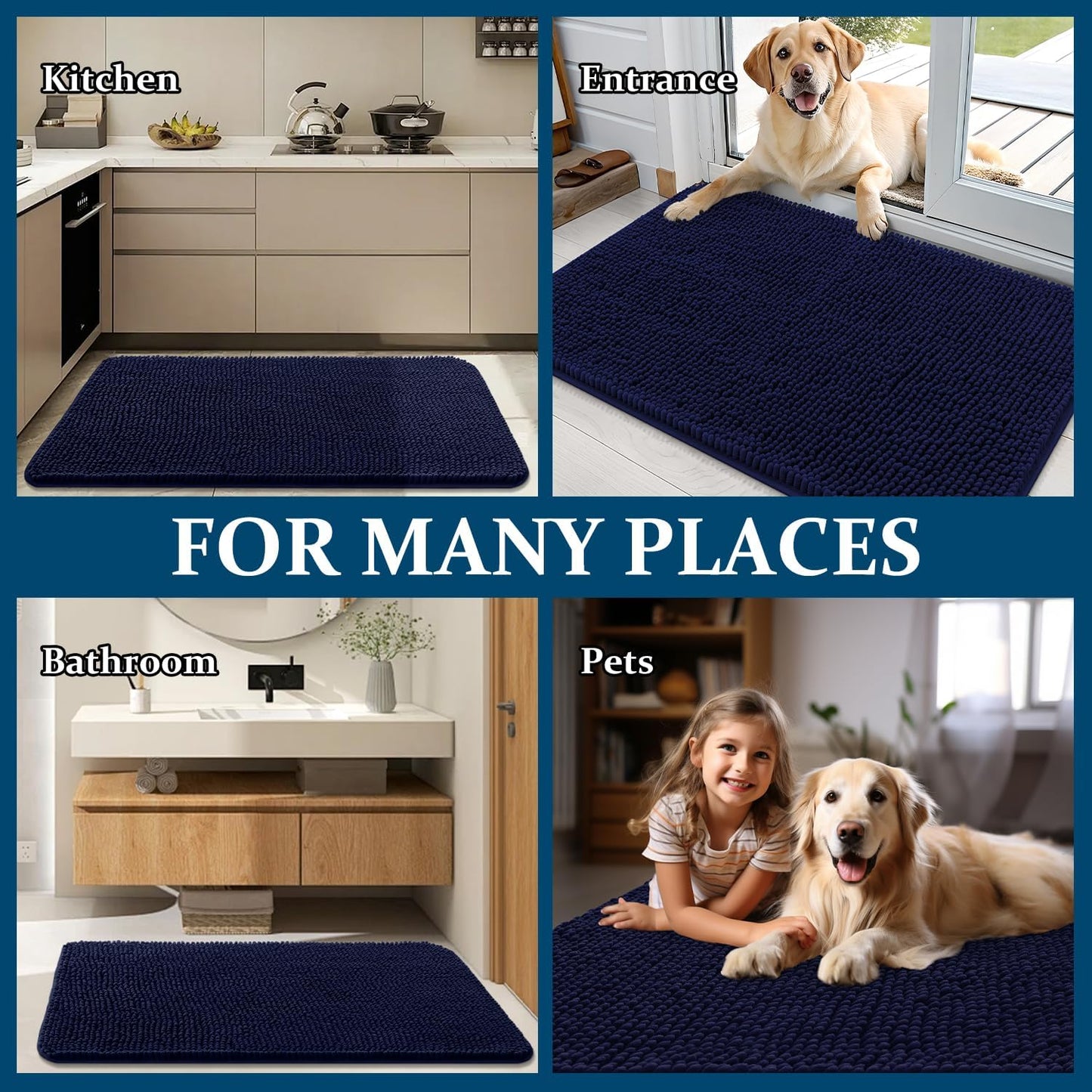 OLANLY Dog Door Mat - Absorbent Non-Slip Washable Chenille Mat for Muddy Paws | 59x35, Navy Blue