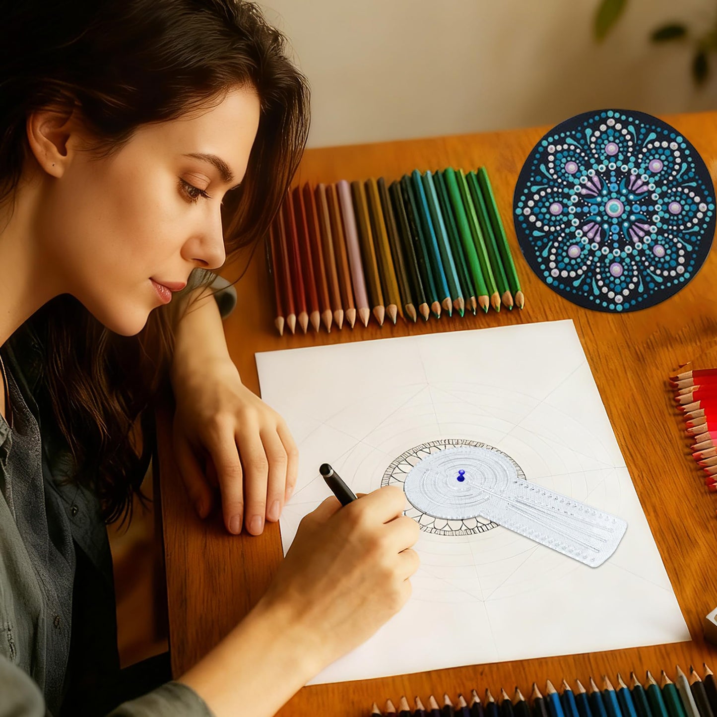 DAFENCHI 3-in-1 Mandala Ruler Tool with Holes, Mandala Dot Art Circle Maker, Compass Protractor Straight Ruler for Dot Art Geometric Mandala Pattern Design, Medium Size (30cm/12)
