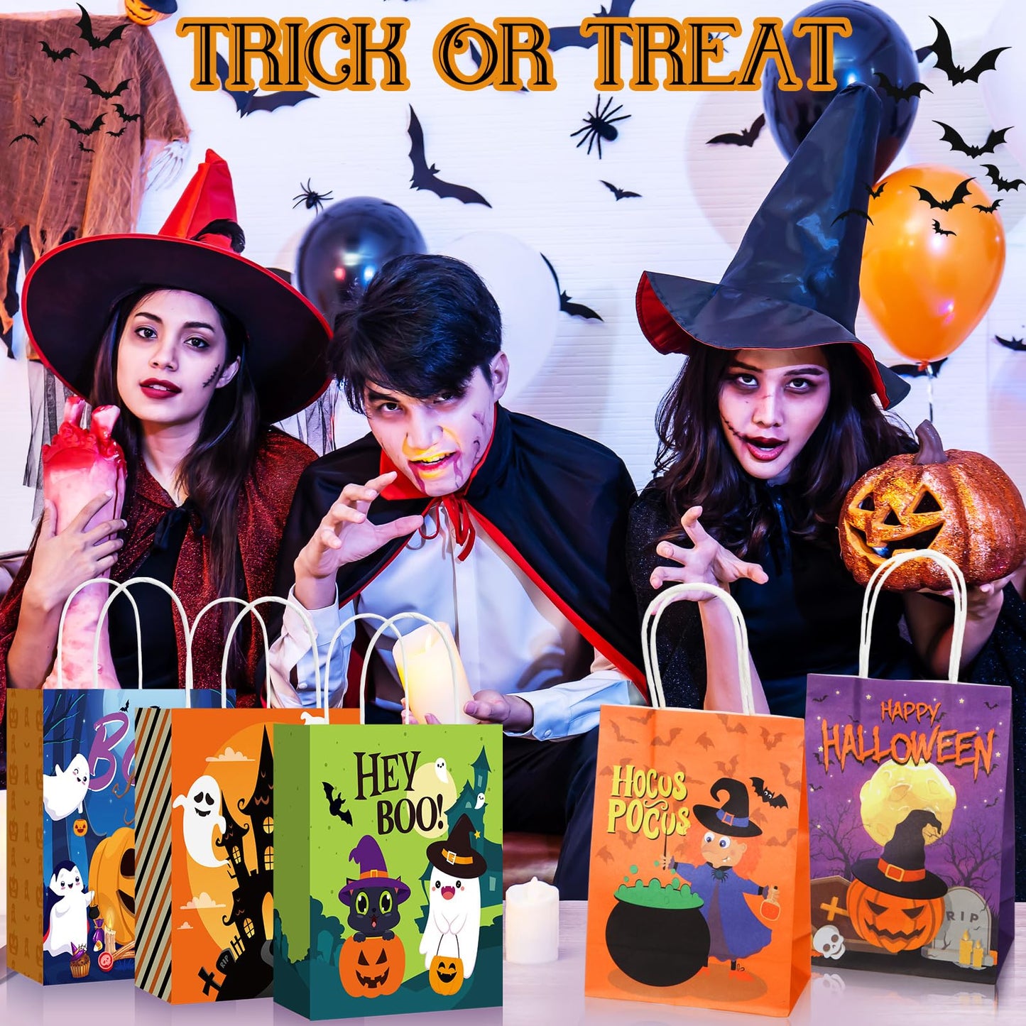 Yeaqee 48 Pcs Halloween Treat Bags Paper Gift Bags with Handles for Candy Snack Goodie Summer Halloween Party Favor Supplies(Cartoon)