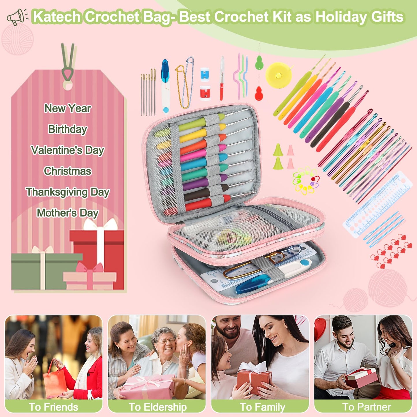 Katech Crochet Hooks Set with Case, 73-Piece Crochet Hooks Kit Knitting Accessories Ergonomic Aluminum Alloy Crochet Hook Colorful Crochet Needles for Making Socks, Gloves, Bag, Hat, Sweaters