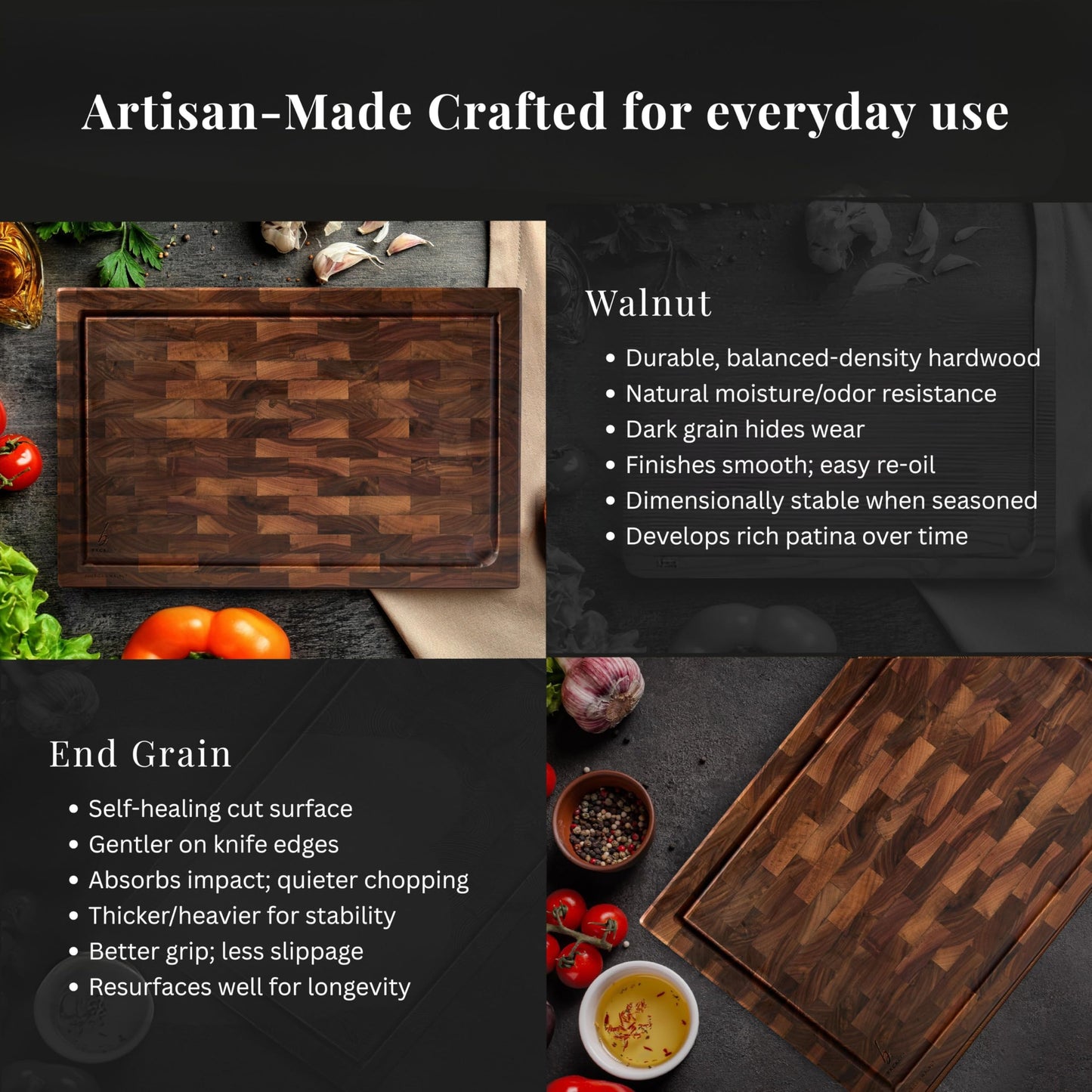 Cutting Board for Kitchen – Wood Cutting Board, Non-Toxic Butcher Block, Walnut Cutting Boards with Juice Groove & Handles, Charcuterie Board – Walnut (EndGrain) - 10" x 13.75" x 1.75"