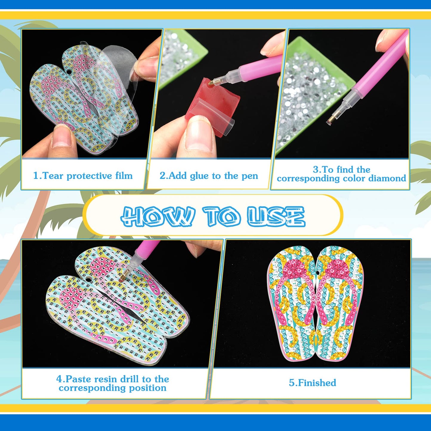 Karenhi 20 Pcs Flip Flop Diamond Painting Keychains Summer Art Keychains Diamond Painting Ornaments DIY Key Ring Kits for Adults Beginners Beach Party Supplies Decor
