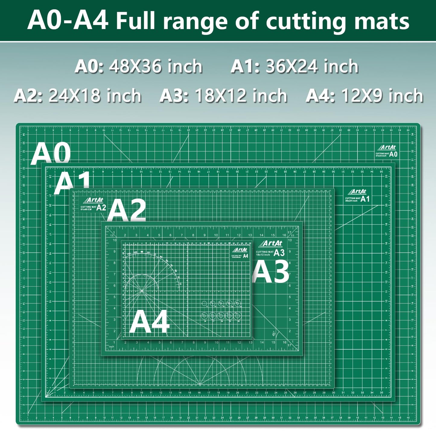 ArtAt Self Healing Cutting Mat: 18″x 24″ Green Double Sided, Non-Slip 5 Layers PVC Durable A2 Sewing Craft Mat for Rotary Cutter, Use for Quilting, Scrapbooking and Craft & Art Projects…