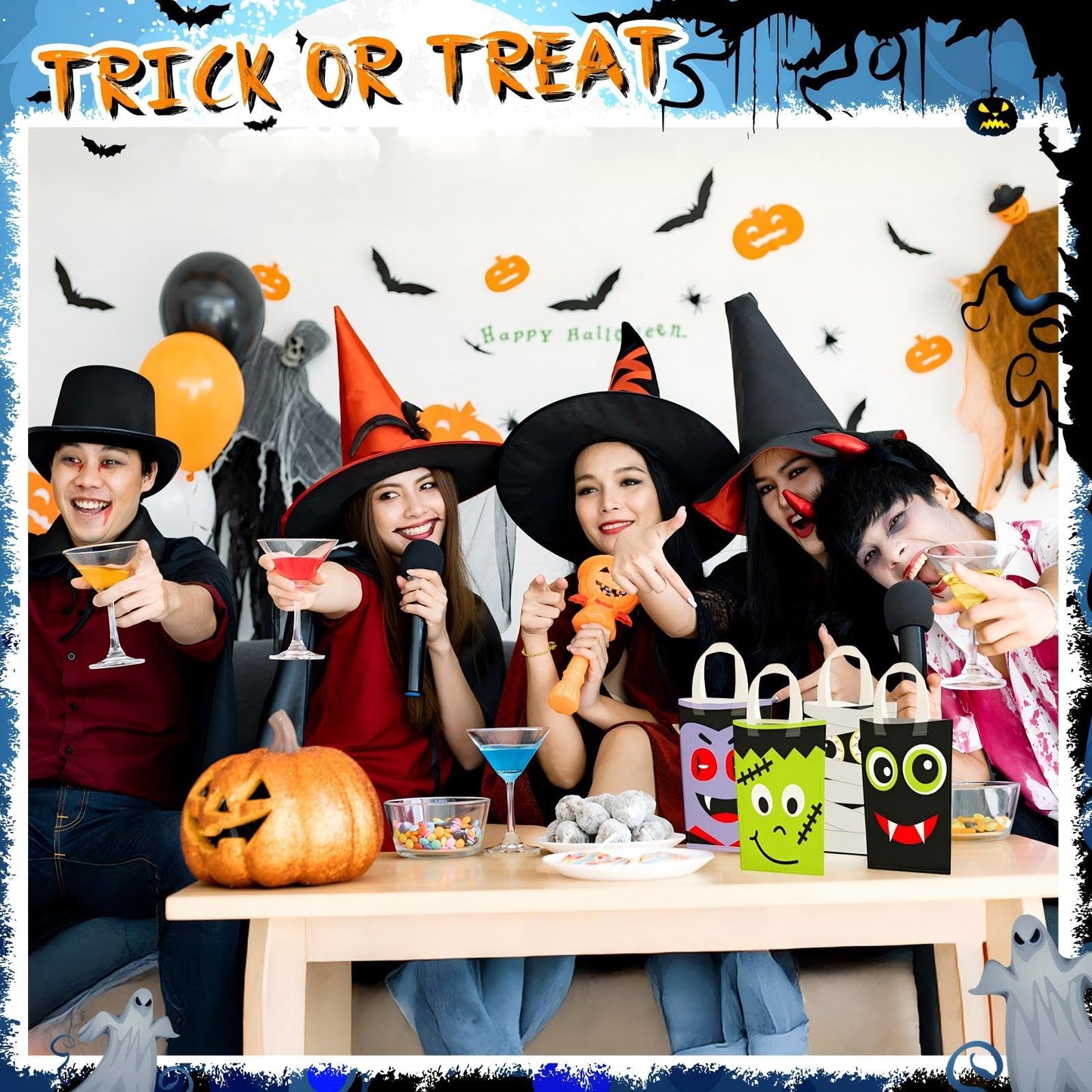 Sratte 24 Pack Halloween Non-Woven Treat Bags 6 Cute Patterns Design Trick or Treat Reusable Candy Goodies Bags with Handle Pumpkin Ghost Bat for Halloween Party Favors(10.63" x 9.06")