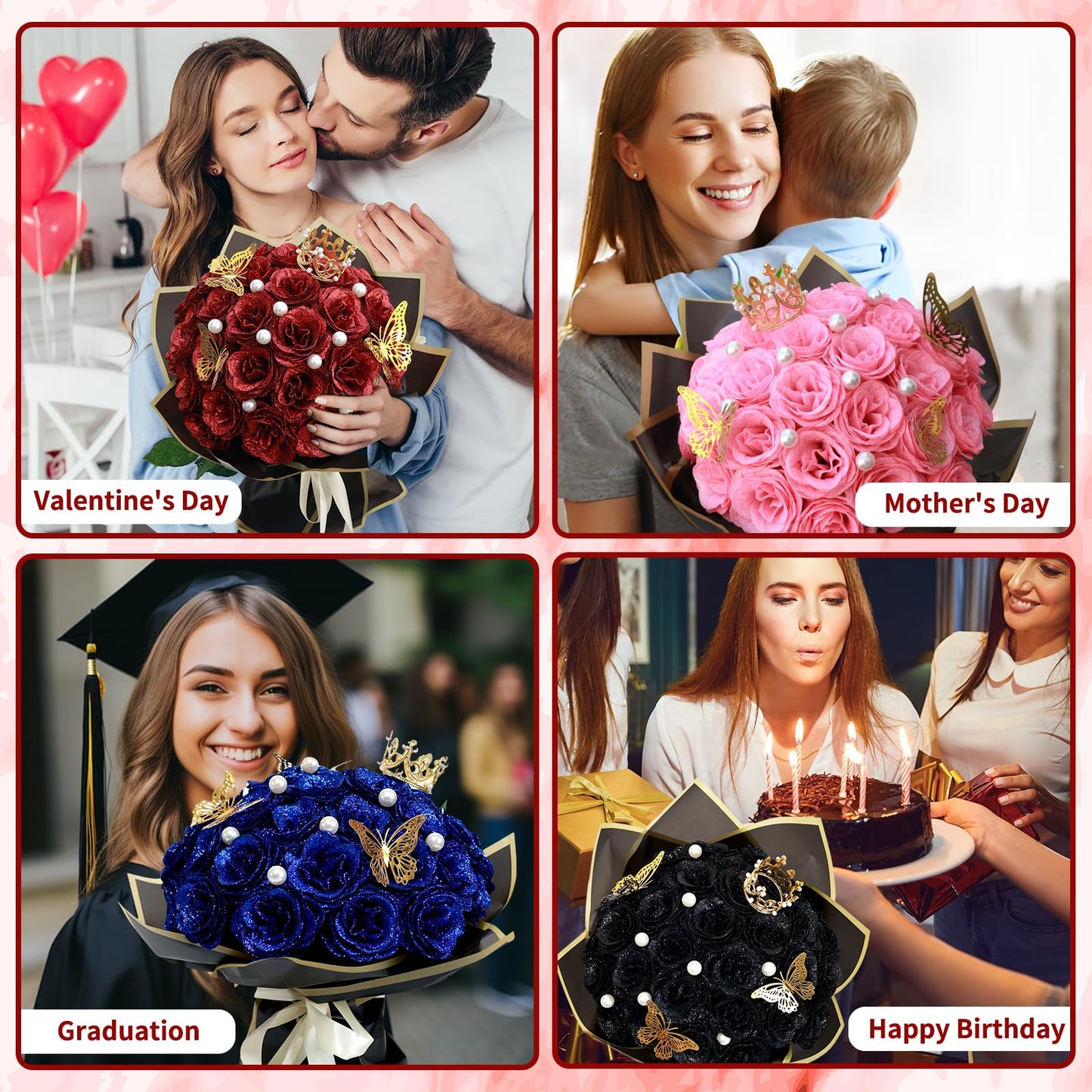 jabeick Glitter Roses Bouquet, Shiny Artificial Roses Flowers with Stems DIY Fake Glitter Flowers Bouquet for Valentines Mothers Day Graduation Birthday Anniversary, 24 Roses (Red)