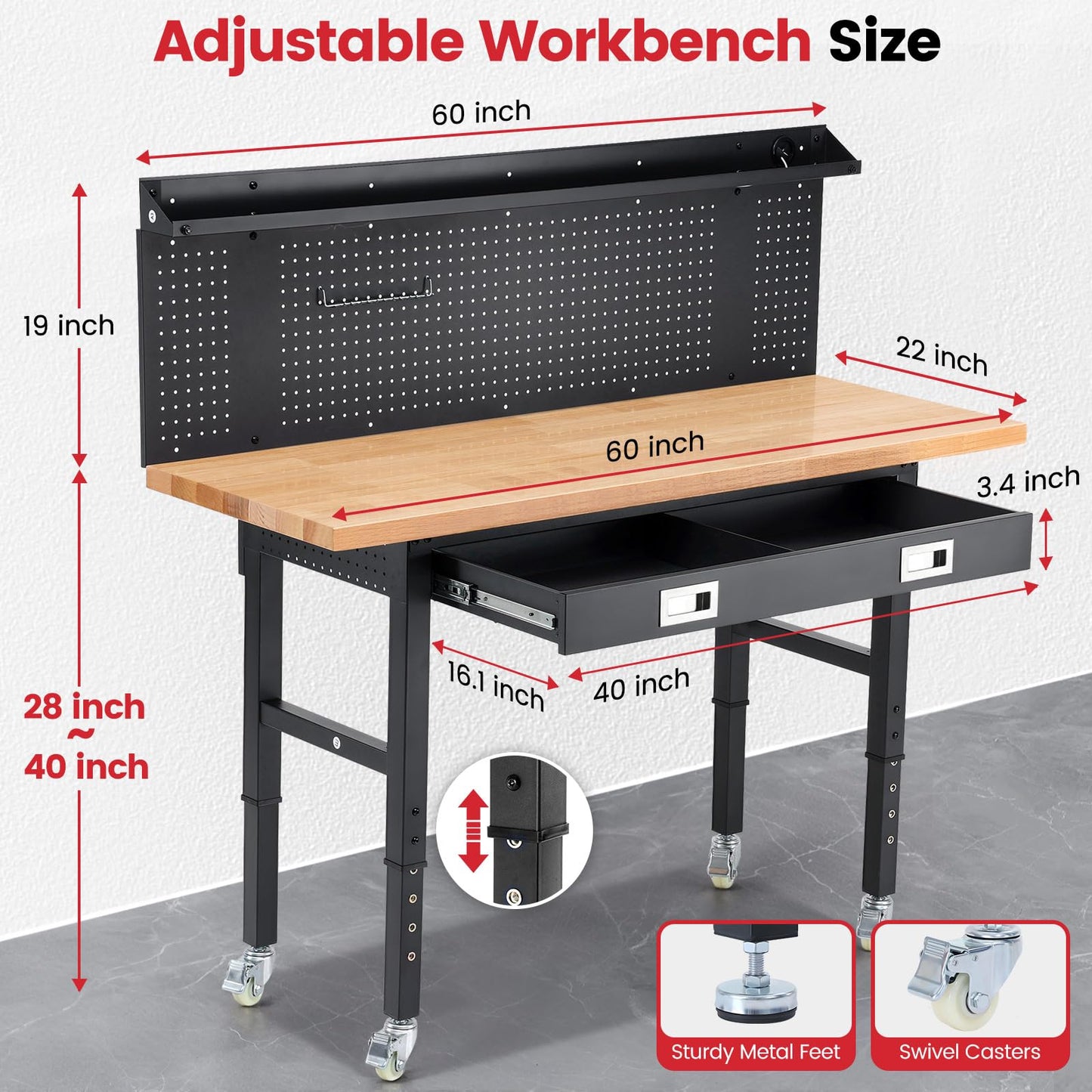 ENJOYWOOD Work Bench with Wheels 60 x 22 Inch Heavy Duty Rubberwood Tabletop Work Table Adjustable Height Garage Workbench with LED, Drawers, Pegboard, Power Outlets for Woodworking Shop, Home, Office