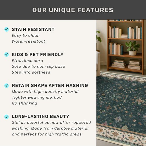 Hazo Haus Dark Green Kitchen Rug - Modern Vintage Boho Floral Design, Washable Non-Slip Runner, 2x6 ft