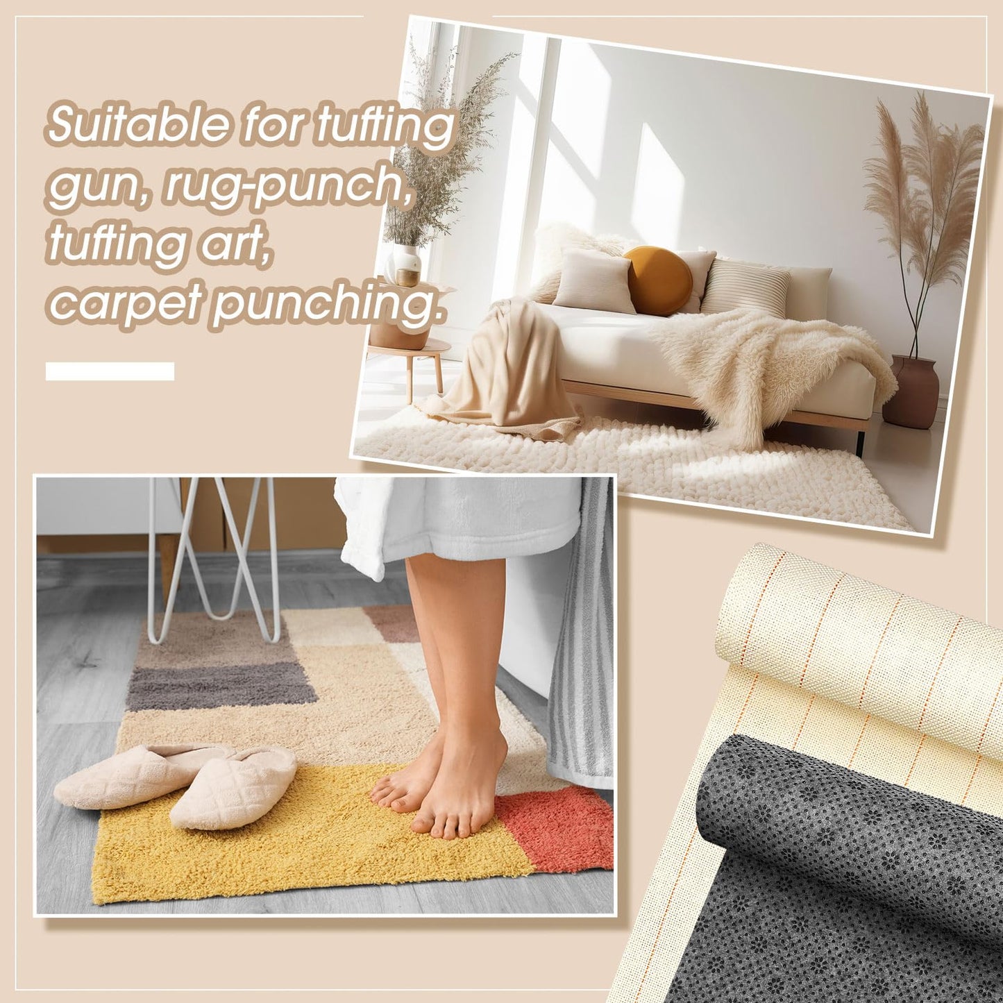 Tudomro 4 Pcs 80'' X 80" Large Tufting Cloth for Rugs and Non Slip Final Backing Tuft Fabric Monks Cloth for Tufting Needle DIY Rug Making, Contains Cleaning Brush and Glue Scraper