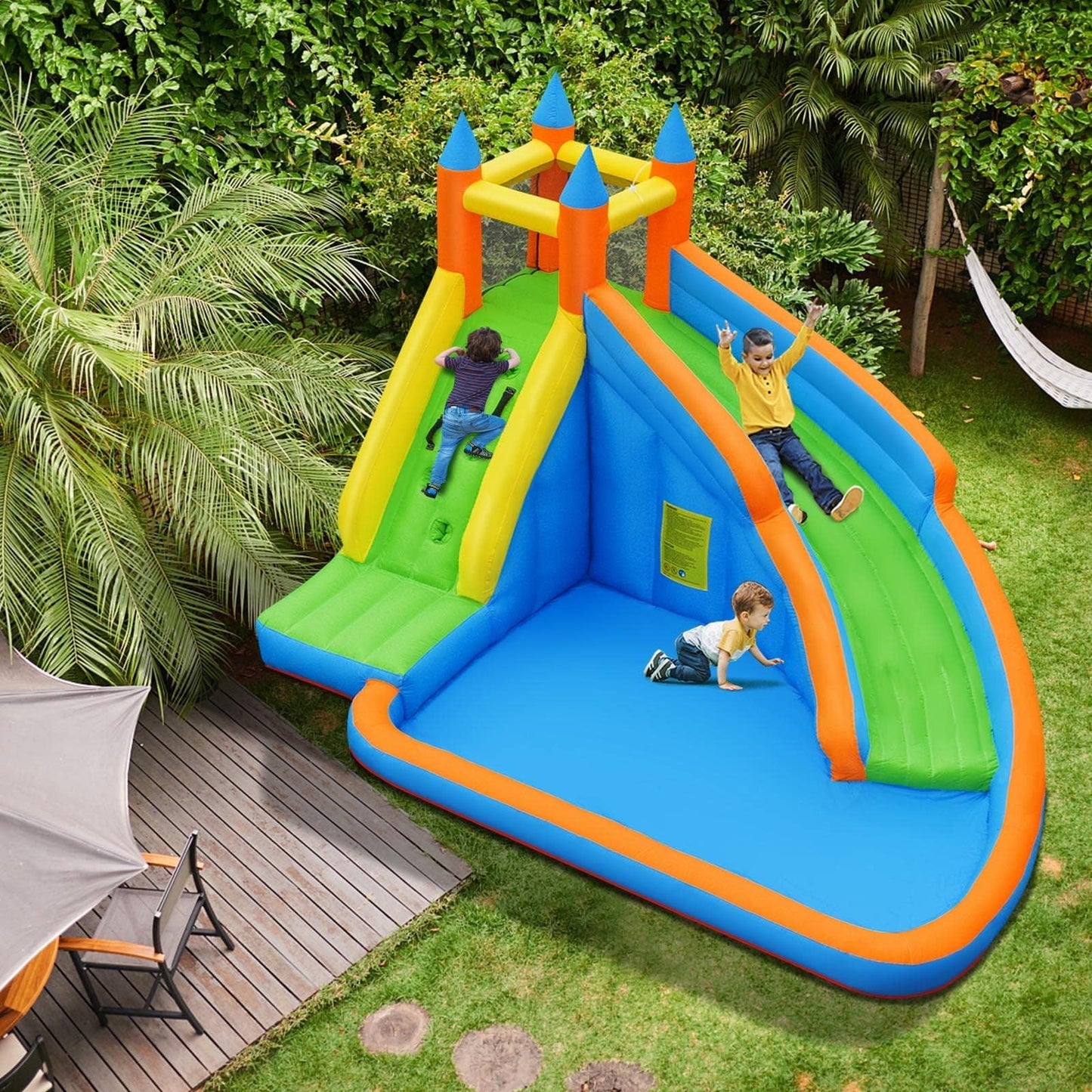 Costzon Inflatable Water Slide, Giant Bouncy Waterslide Park for Kids Backyard Outdoor Fun w/ 480w Blower, Climbing, Splash Pool, 2-pcs, Blow up Water Slides Inflatables for Kids Party Gift