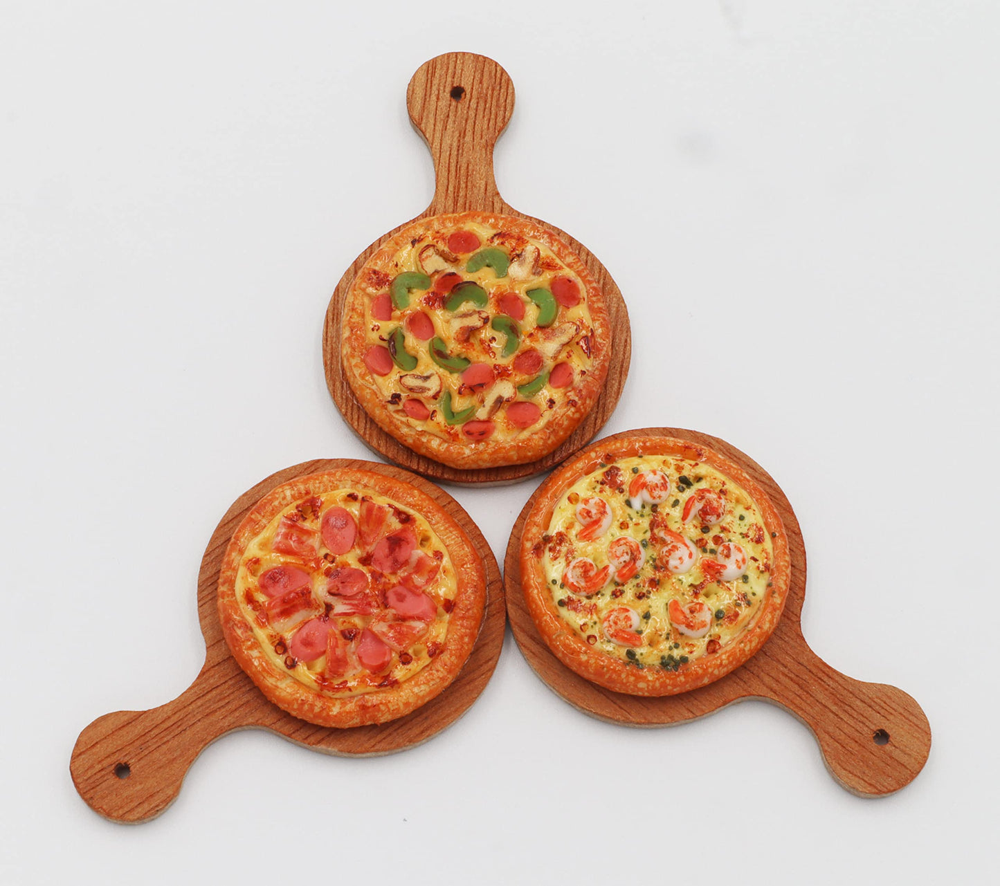 Mixed 3 Assorted Pizza Dollhouse Miniature on Wooden Tray, Dollhouse Food Dollhouse Kitchen Miniature