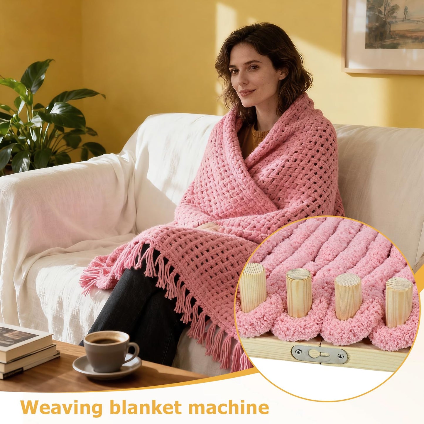 ZMJY 46" Adjustable Chunky Yarn Loom Kit for DIY Blankets | Beginner-Friendly Hand Knitting Loom with Modular Wooden Frame | No Needles Required for Family Craft, Home Decor & Stress Relief