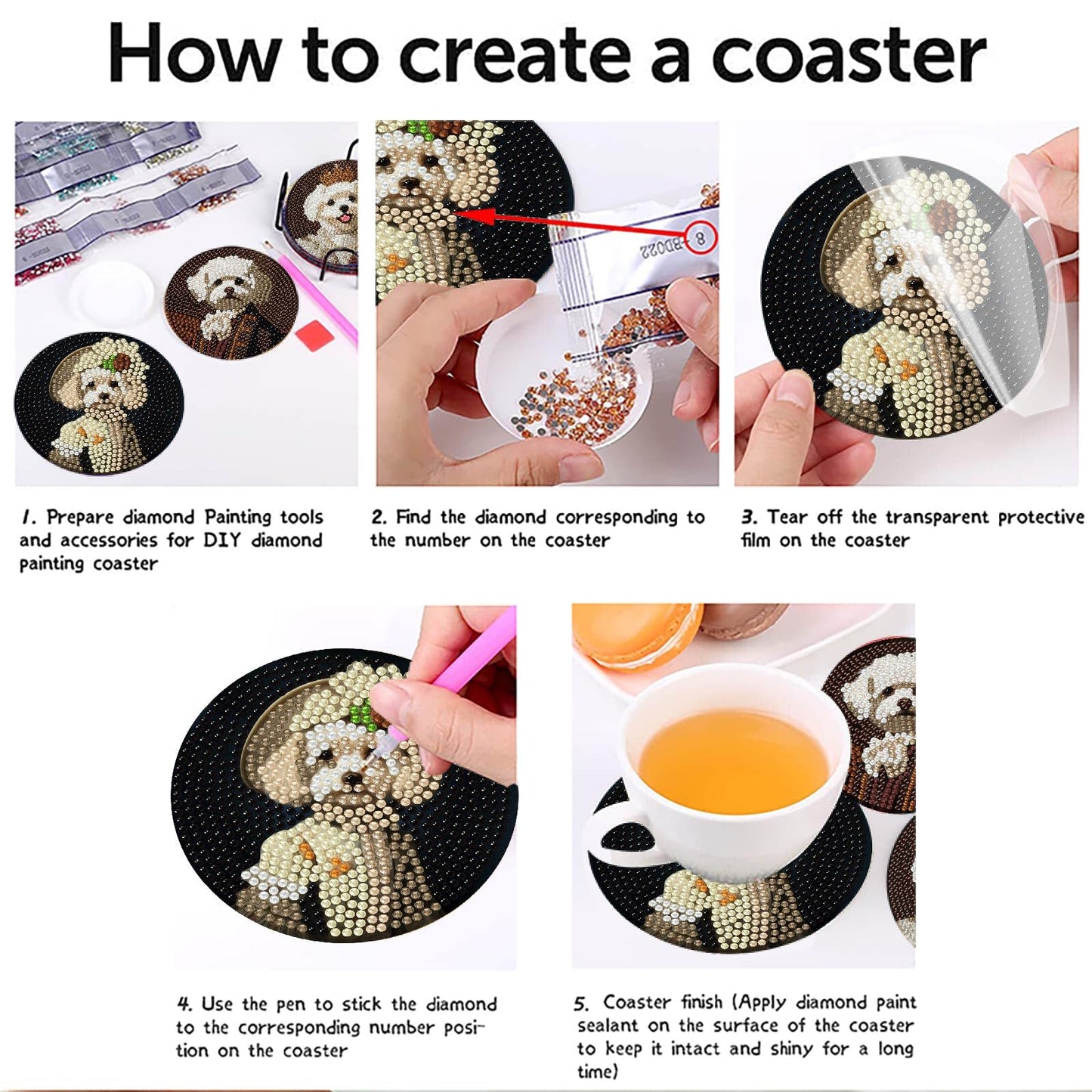 Yijingtop Retro Dog Diamond Art Painting Coasters Kit, 8 Pieces Puppy Diamond Art Coasters with Holder, DIY Funny Dog Small Diamond Art for Beginners