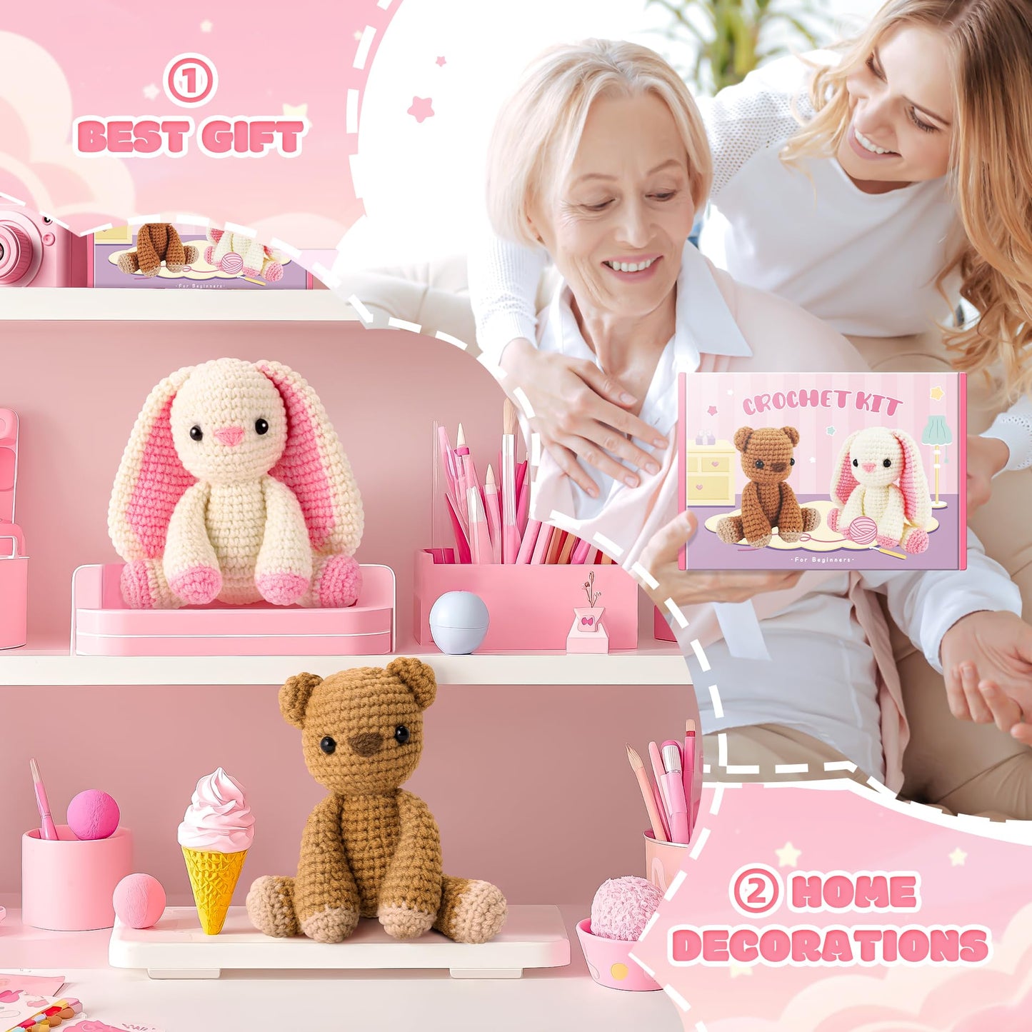 Crochet Kit for Beginners, Bunny and Bear Crochet Kit with Step-by-Step Video Tutorials, Bunny Crocheting Kit for Starter, Beginner Crochet Kit for Adult, Stuffed Animal Knitting Kit for Birthday