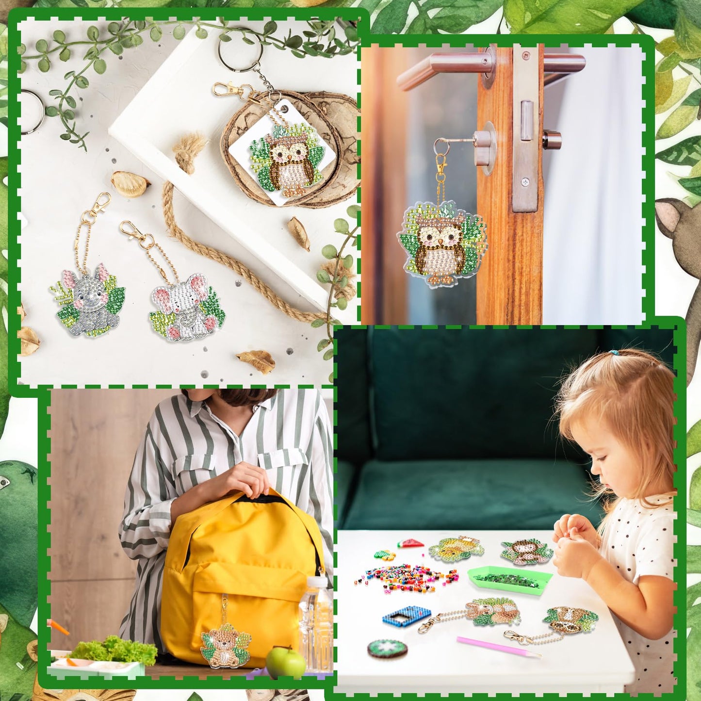WILLBOND 30 Pcs Jungle Animals Diamond Art Keychain Ornaments DIY Double Sided Jungle Animals Diamond Painting Keychain Kits for Adults Key Ring Art Pendant Tree Decor