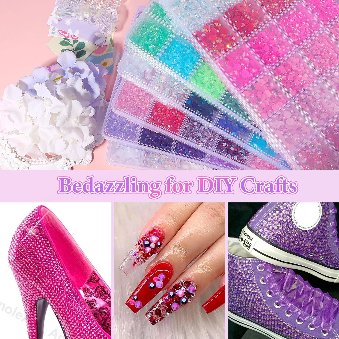 22000Pcs Pink Purple Rhinestones for Bedazzling, Jelly Resin Gem Rhinestones3-5mm, Purple Gems Bedazzling Kit for Crafting, Flatback Color Gems for Nails Face Makeup Tumblers