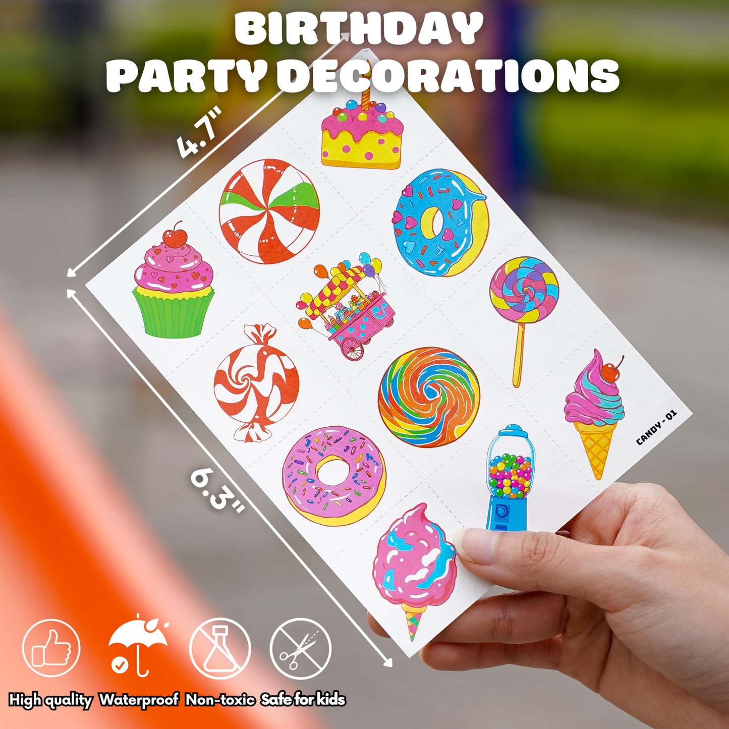 96 PCS Pre-Cut Candy Temporary Tattoos for Kids Birthday Party Favors