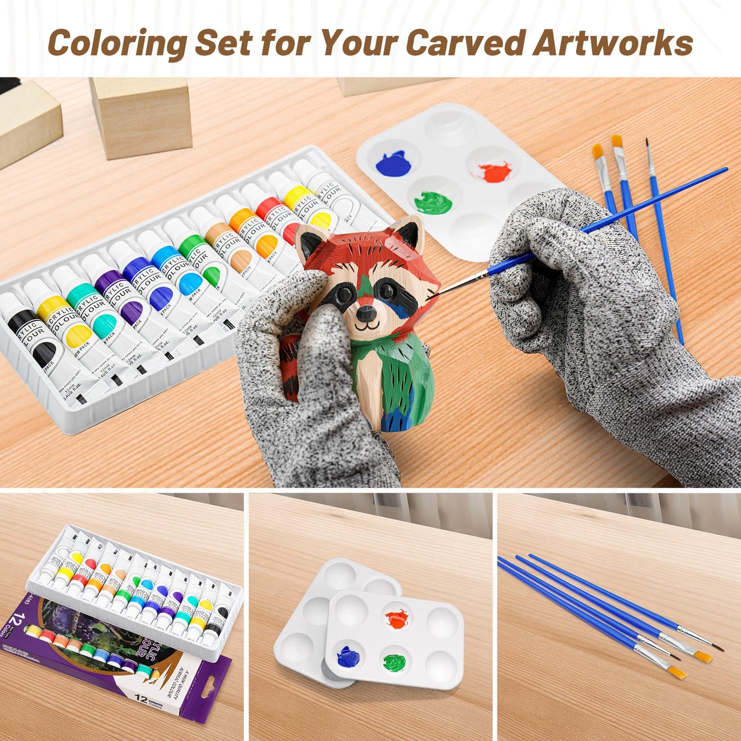 Wood Carving Kit, Wood Carving Tools Set with Carving Knives Detail Knives Basswood Blocks Gloves Polishing Compound Coloring Set, Wood Whittling Kit for Beginners DIY Hobbies for Adults