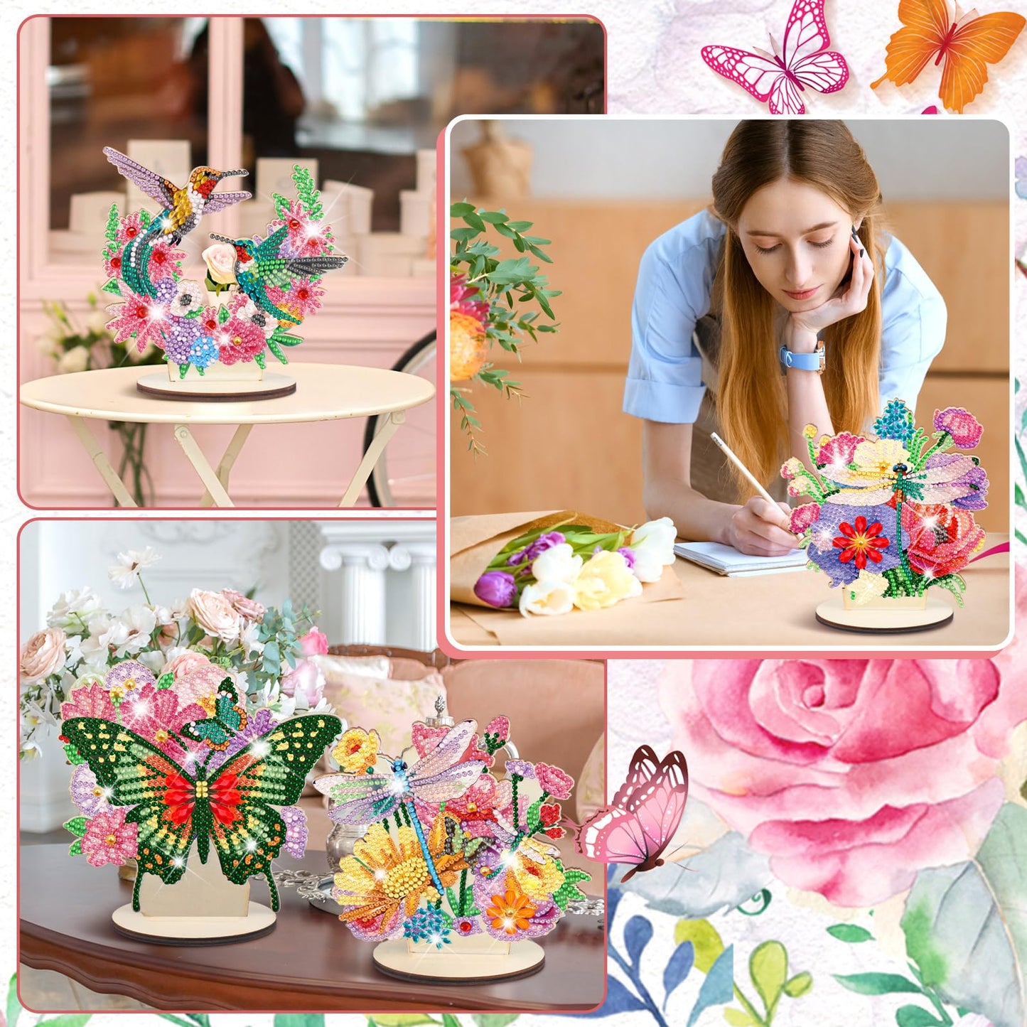 Cinnvoice 6 Pcs Diamond Art Tabletop Decorations Diamond Painting Centerpieces Dragonfly DIY Flower Desktop Art Ornaments for Table Tabletop Decor (Butterfly)