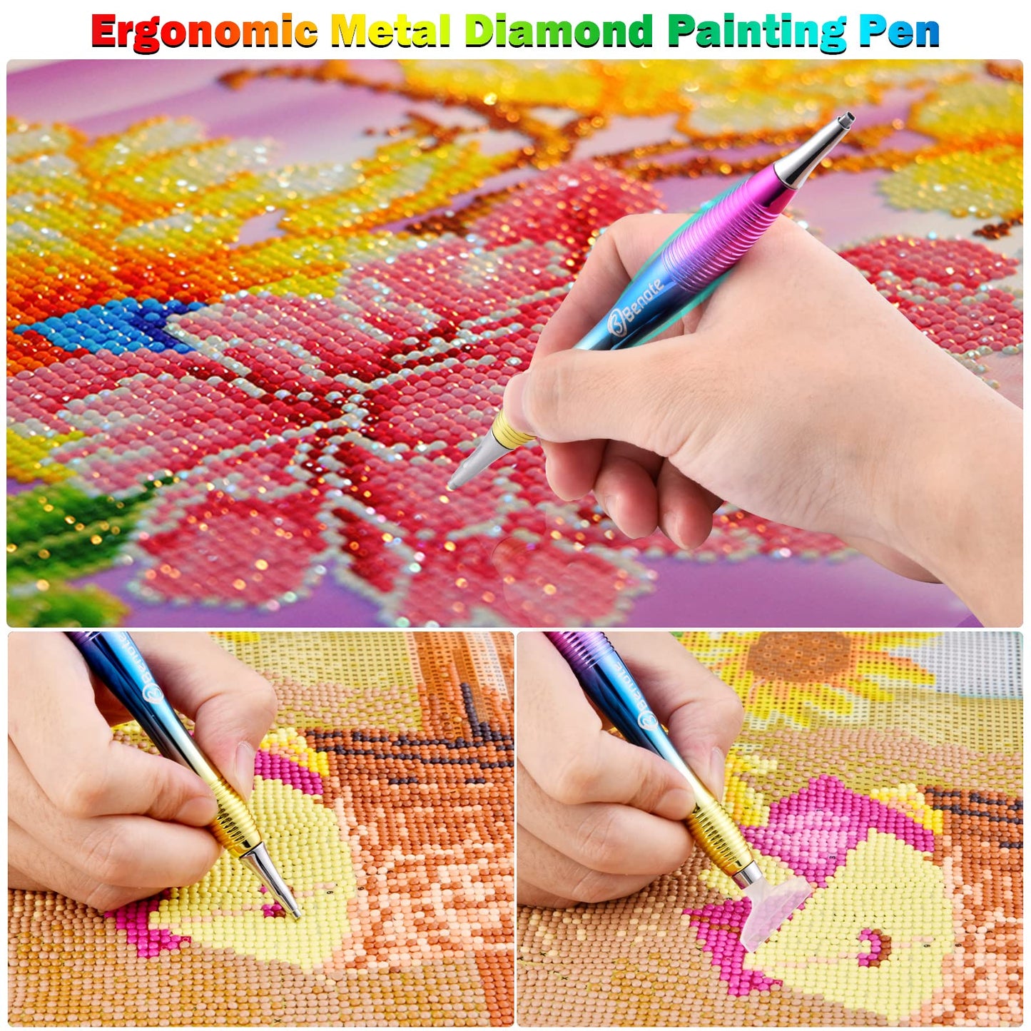 Benote Ergonomic Diamond Art Painting Pen, Metal Diamond Drill Pen Tools 5D Diamond Accessories Painting with Multi Replacement Pen Heads and Wax for DP Cross Stitch - Rainbow