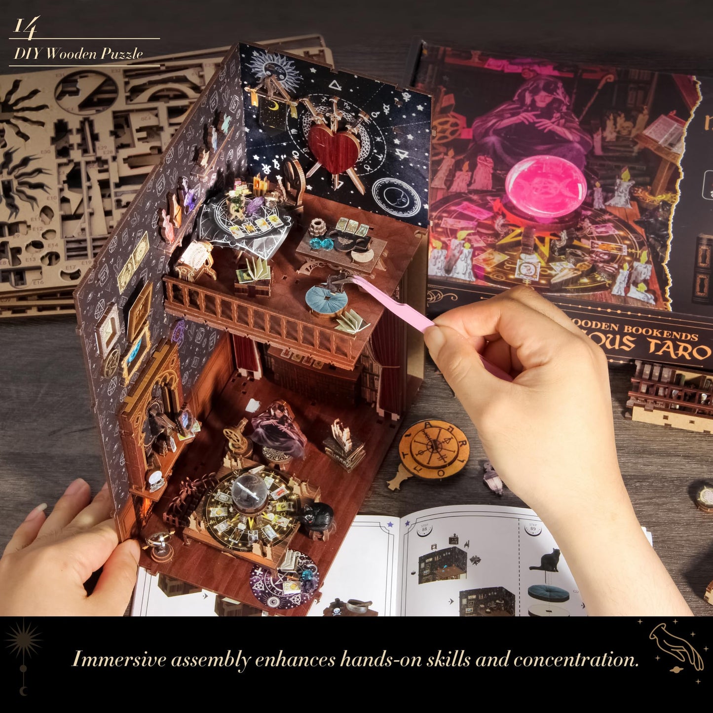 DIY Book Nook Kit, 3D Wooden Puzzle Booknook, Bookshelf Miniature House Kit Dollhouse, Tarot Divination Test, with LED Light, Dust Cover, Gift for Adults Teens (Mysterious Tarot)