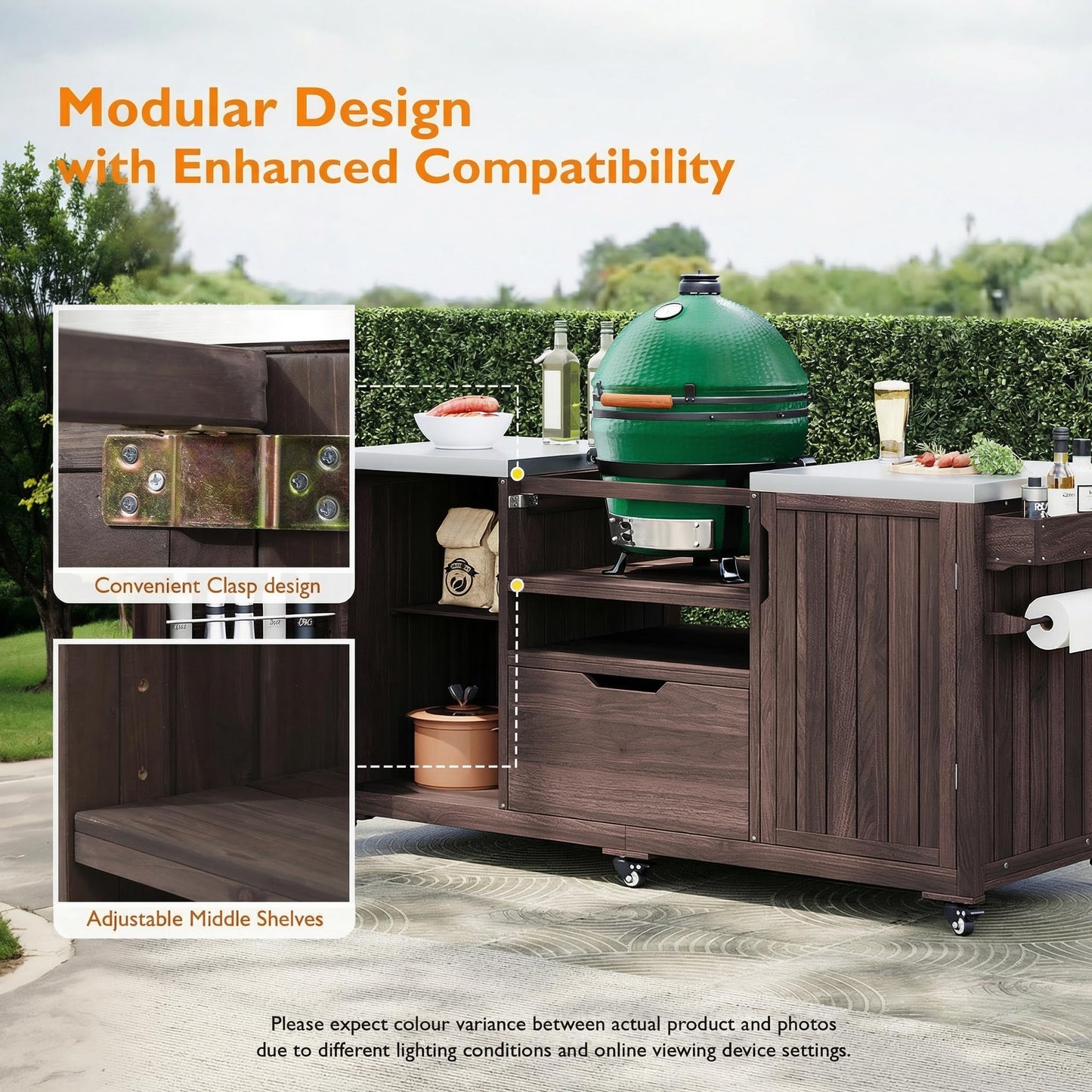 66.5" Fir Wood Grill Cart for Big Green Egg, Outdoor Kitchen Island with Stainless Steel Top, Bar Cart with Adjustable Shelf, Drawer, Hooks & Bottle Opener BBQ Cart for Patio Backyard Garden, Brown