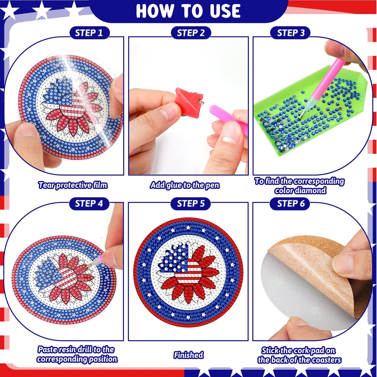 Shellwei 8 Pcs 4th of July Patriotic Diamond Painting Coasters Memorial Day USA Star Diamond Art Coasters with Holder 250th Anniversary Painting Kits Independence Day Decors for Adults DIY Craft Gift