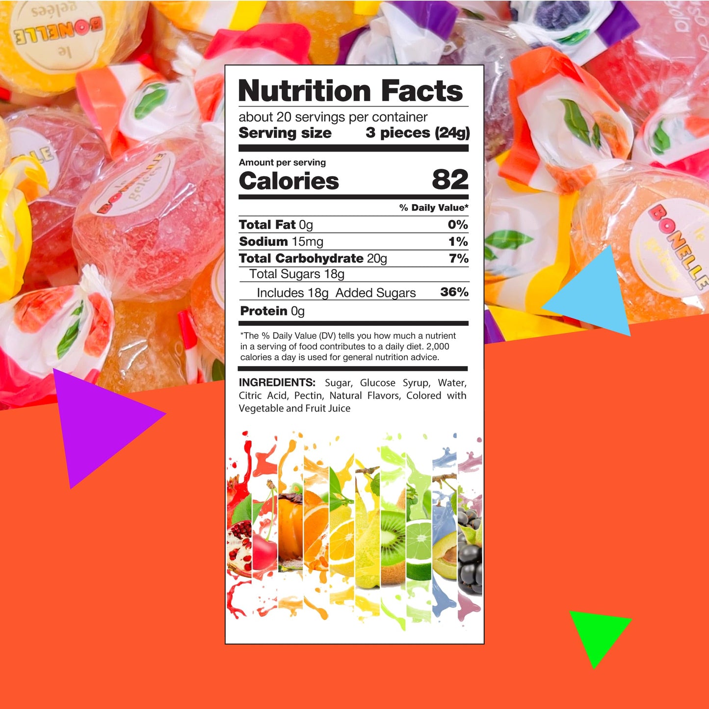 Bonelle Italian Fruit Jelly Candy | 1 Pound Bag | Vegan Dye Free Candy Individually Wrapped | Lemon, Strawberry, Orange, Blackberry | Naturally Flavored