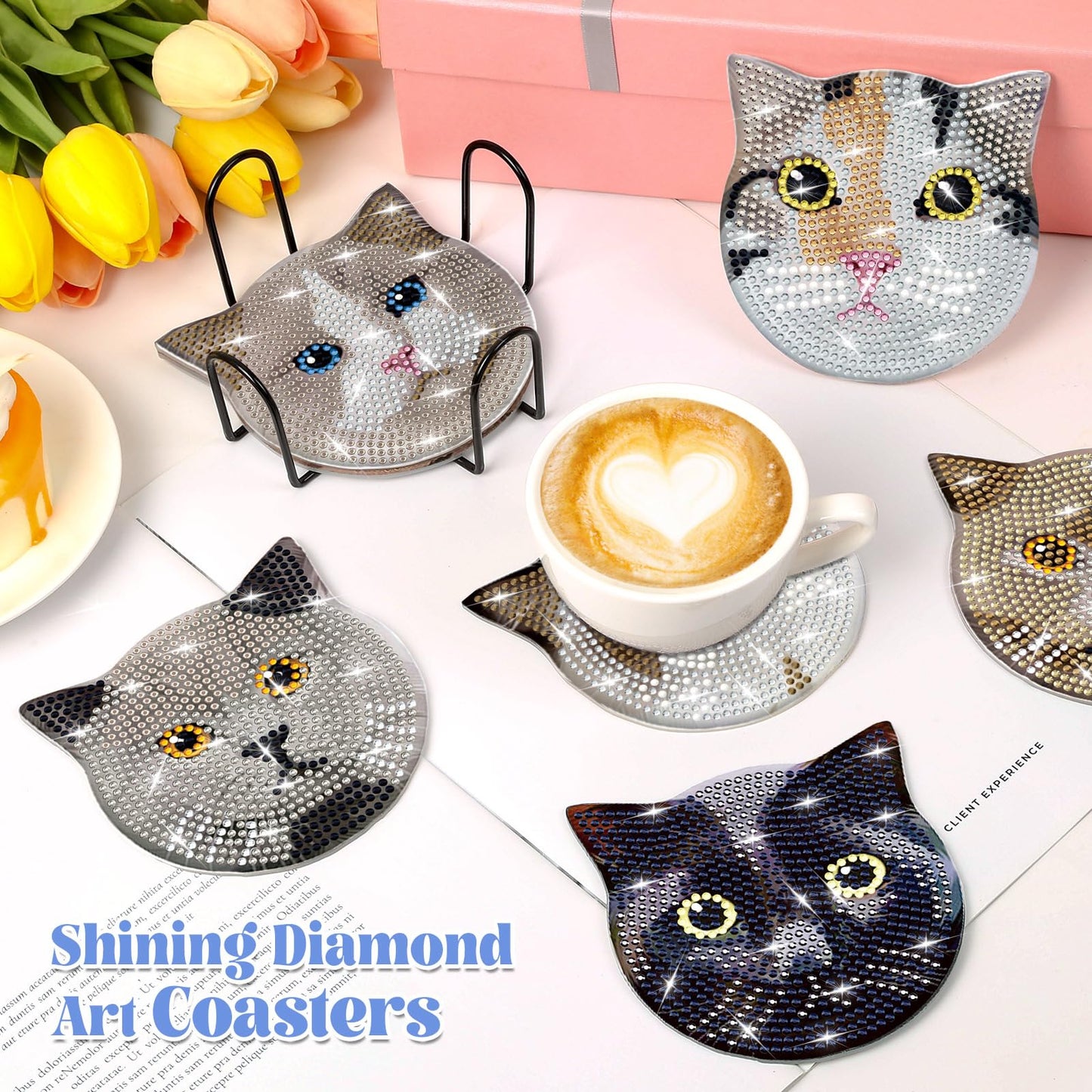 Billbotk 8 Pieces Diamond Painting Coasters Kit with Holder, Diamond Art Coasters, DIY Diamond Art Crafts Projects, Diamond Dot Kits for Adults and Beginners(Cat Style)