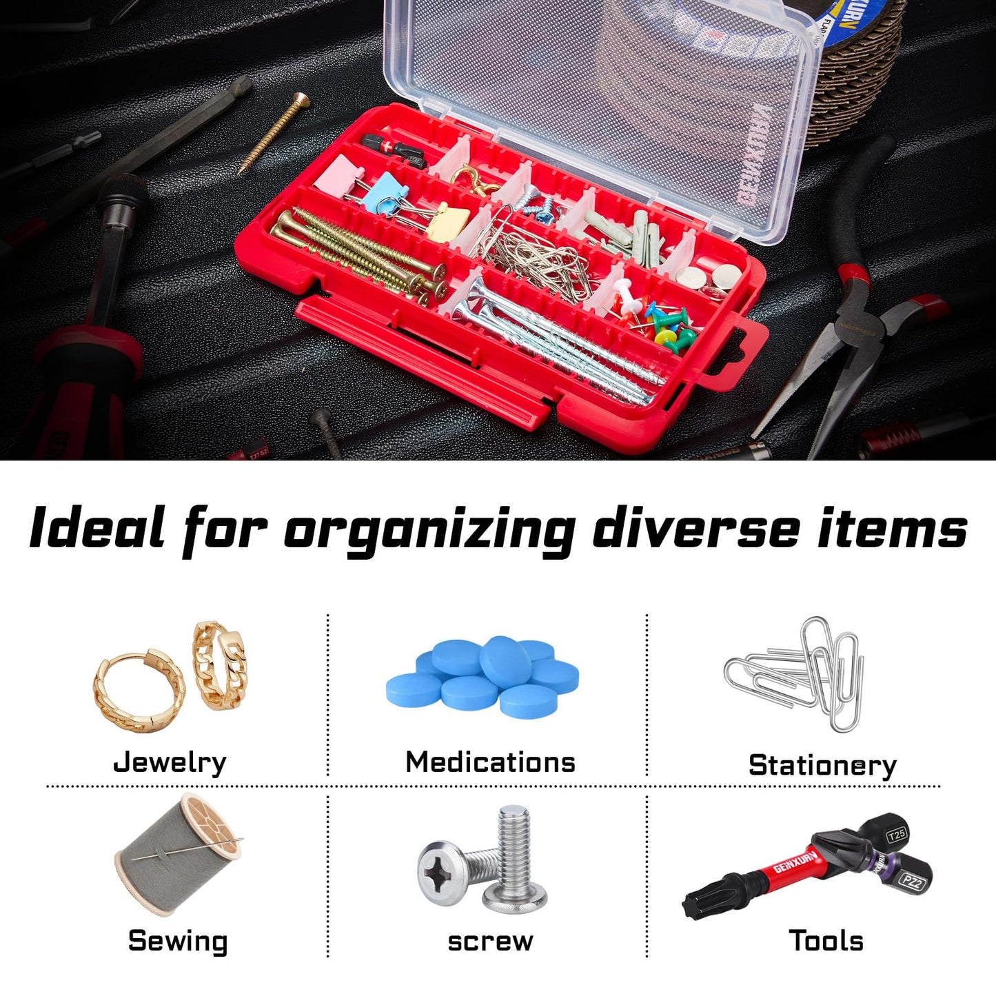 Geinxurn Small Flat Storage Parts Organizer, 4Pcs Red Portable Transparent Plastic Small Parts Tools Box with Removable Dividers, Screwdriver Bit Cases Storage(4 Pieces)