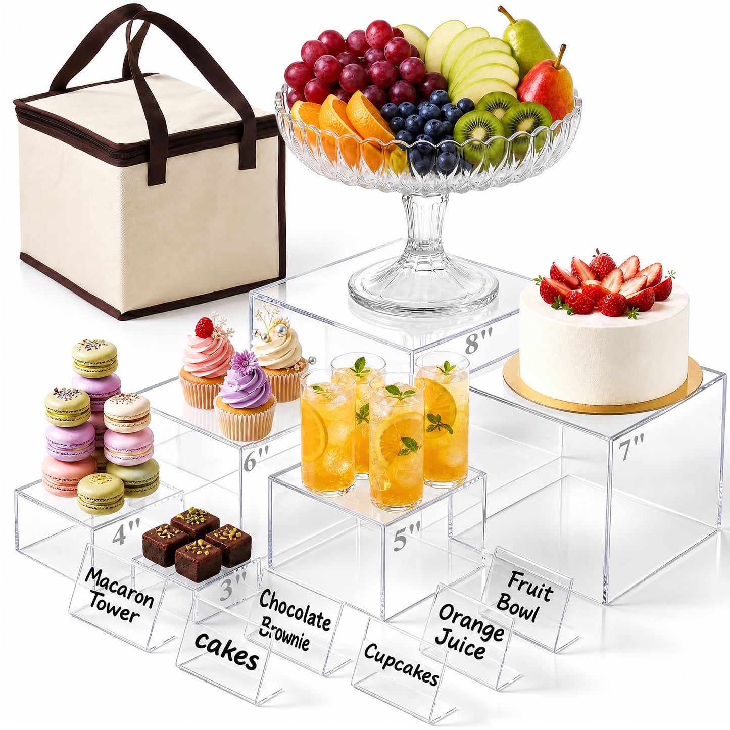 DomeStar 6PCS Clear and White Buffet Risers with Mini Sign, Food Risers Dessert Table Display Set for Buffet Table Party Catering Cupcake Cake Jewelry, Nesting Boxes for Food Display 8" 7" 6" 5" 4" 3"