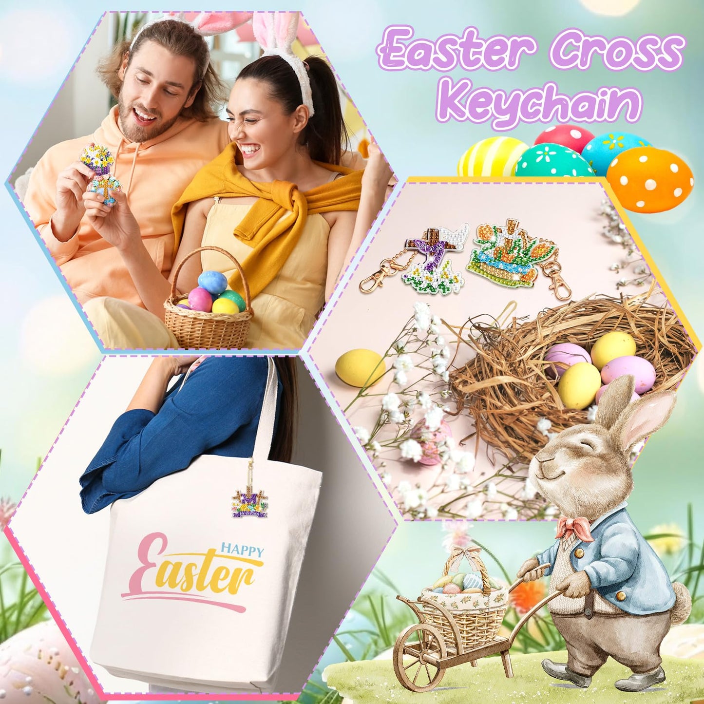 WILLBOND 30 Pcs Easter Diamond Art Keychain Kits He is Risen 5d DIY Double Sided Diamond Painting Keychain Religious Christian Cross Hanging Ornaments for Adults Beginners Key Ring Pendant Crafts