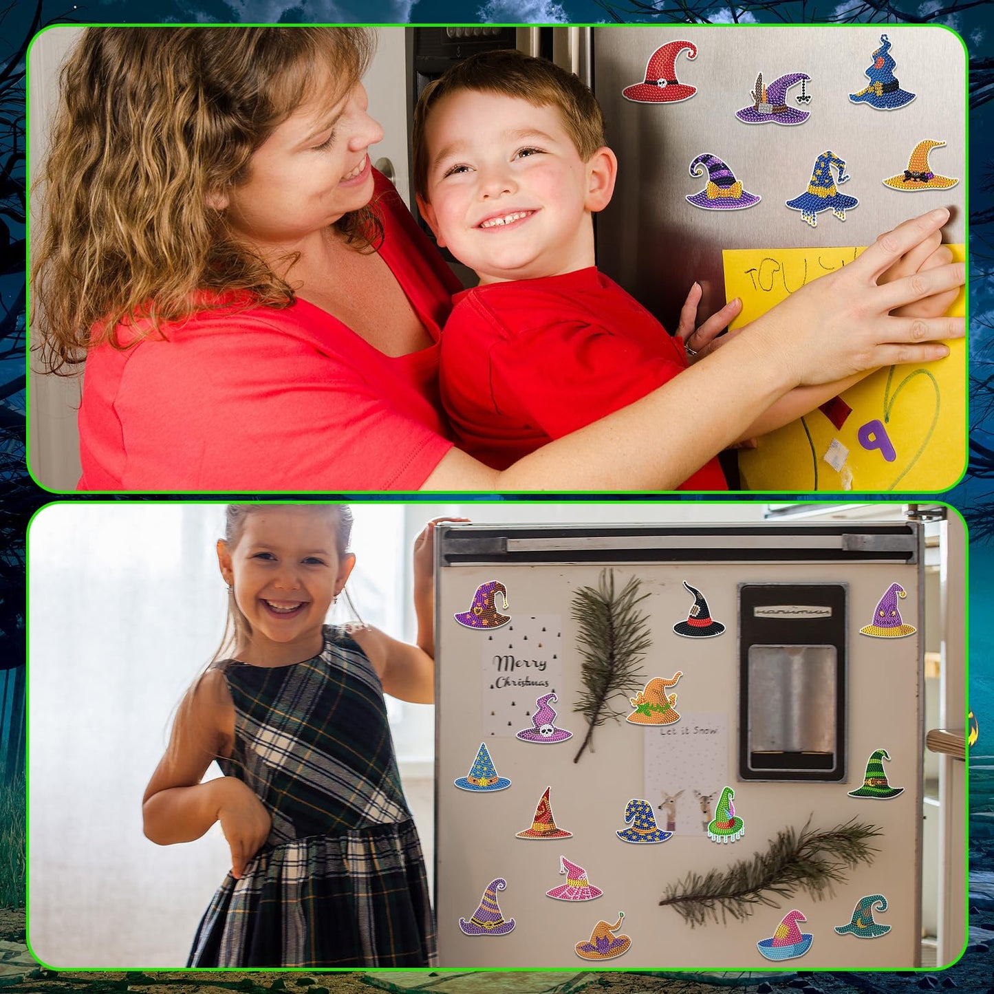 Motipuns 30 Pcs Halloween Diamond Painting Magnets Kits Glow in The Dark Witch Hat Diamond Art Fridge Magnet Refrigerator Sticker for Beginners Kid Adults Home Decors DIY Art Craft Gifts
