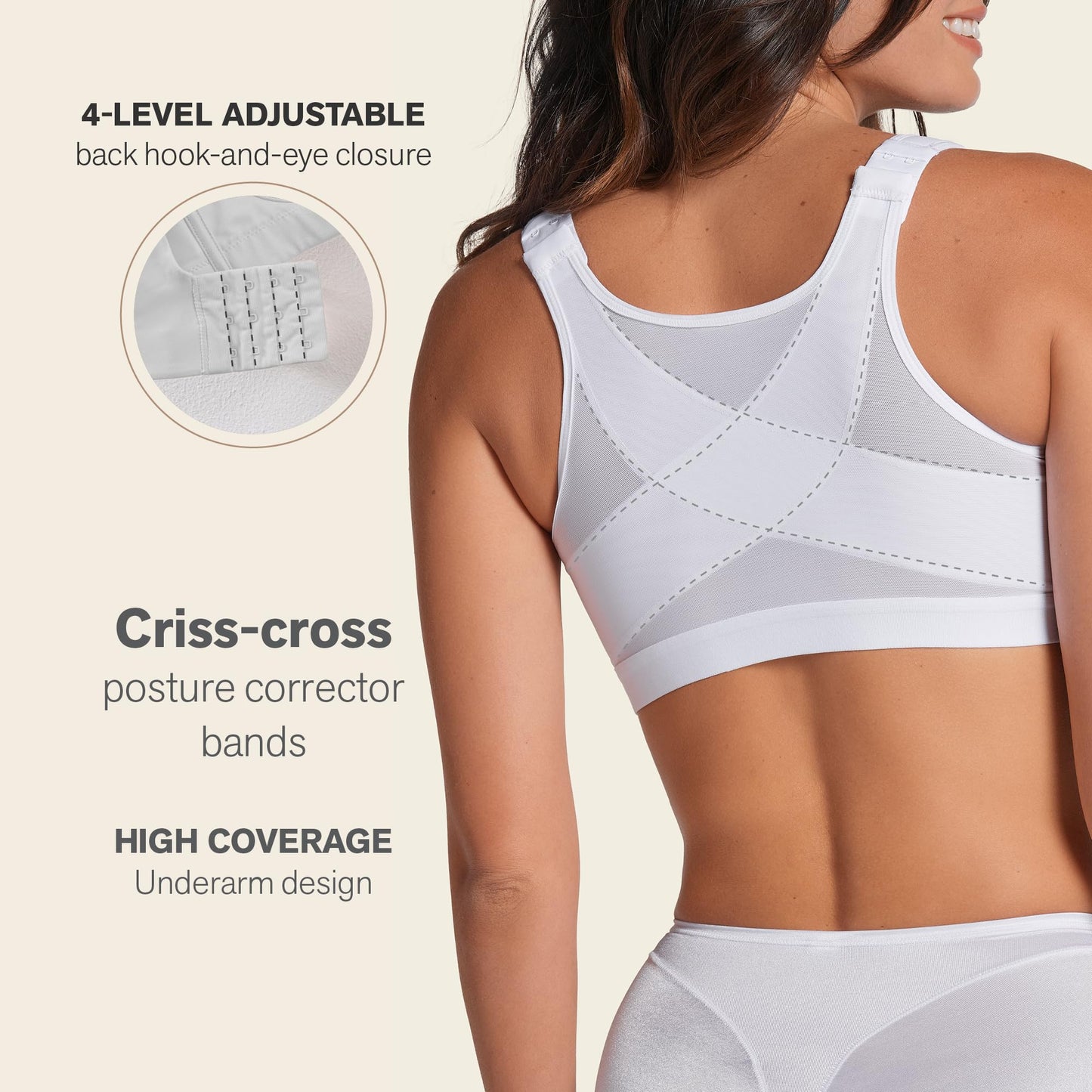 Leonisa Women's Posture Corrector Wireless Back Support Bra, White, 34B