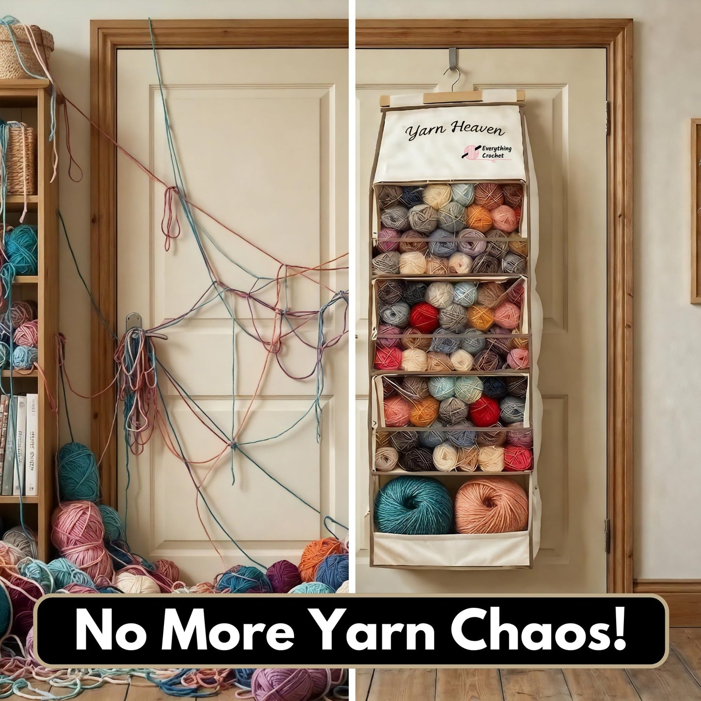 Everything Crochet Yarn Heaven Storage Organizer – Over The Door & Closet Hanging Yarn Bag for Crochet & Knitting, Skein Holder Holds 200+ Skeins with Clear Pockets for Yarn Stash, Hooks & Needles