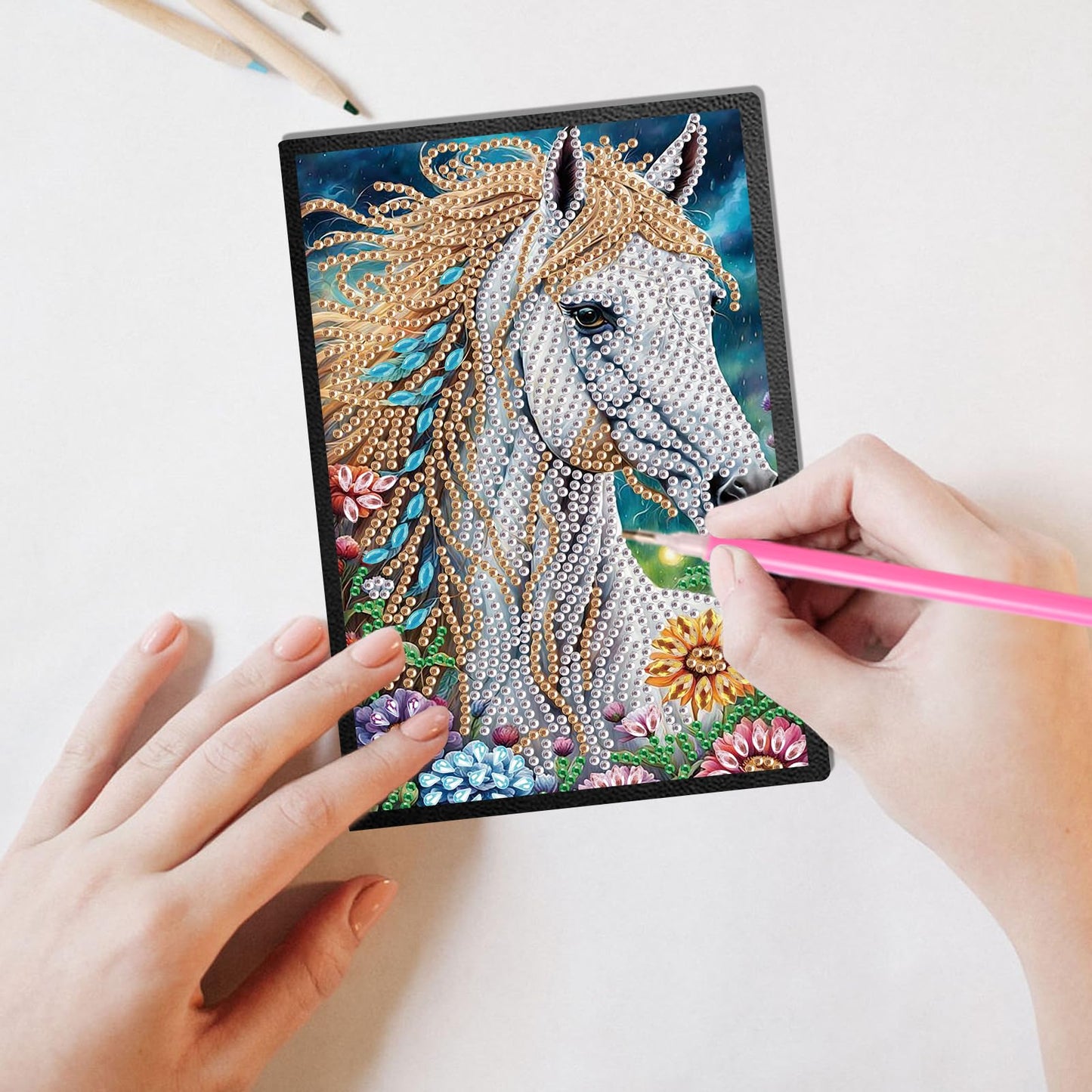 JISHSHAY 2 PCS Diamond Painting Notebook Journal Diamond Art Note Book Gem Art Sketchbook Gem Painting Diary Mosaic Kits for Adults Leather Notebook with Special Shape 14.5×21cm/5.7×8.26in Owl Horse