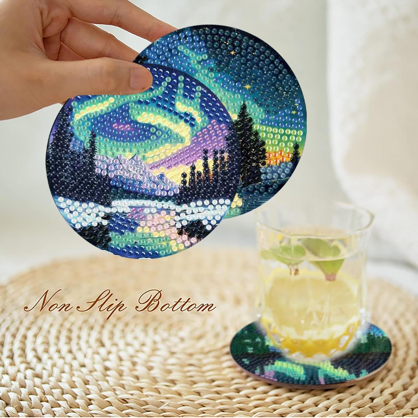 8 Pcs Aurora Diamond Art Coasters Kits with Holder, Landscape Diamond Painting Coasters Kits for Adults, DIY 5D Nature Scenery Diamond Dots Small Mini Kit Full Drill Art Craft Supplies 4X4 Inch