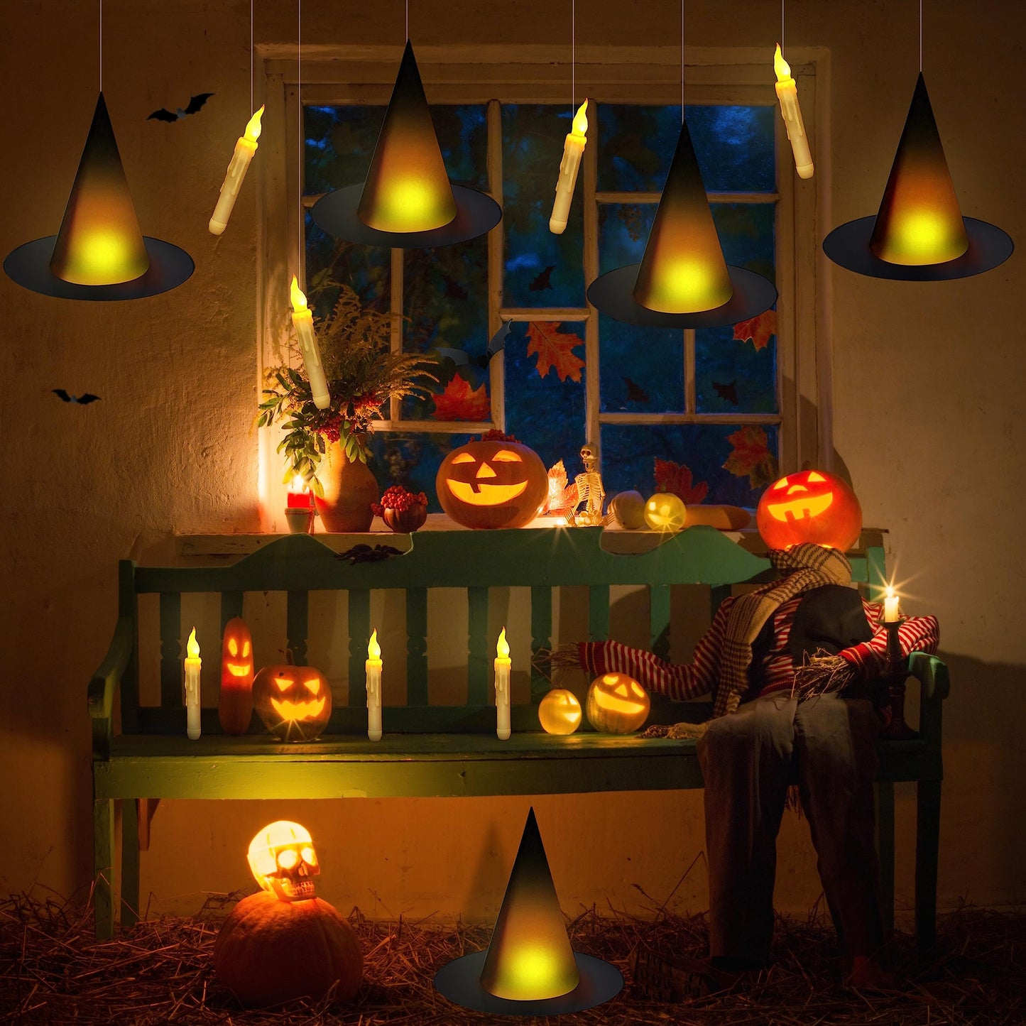 Black Halloween Witch Hat with Light Floating Light Up Witch Hats with Flameless Taper Candles (with Common Remote) 3D Bats Wall Stickers Decorations Witch Costume Accessory for Halloween Party