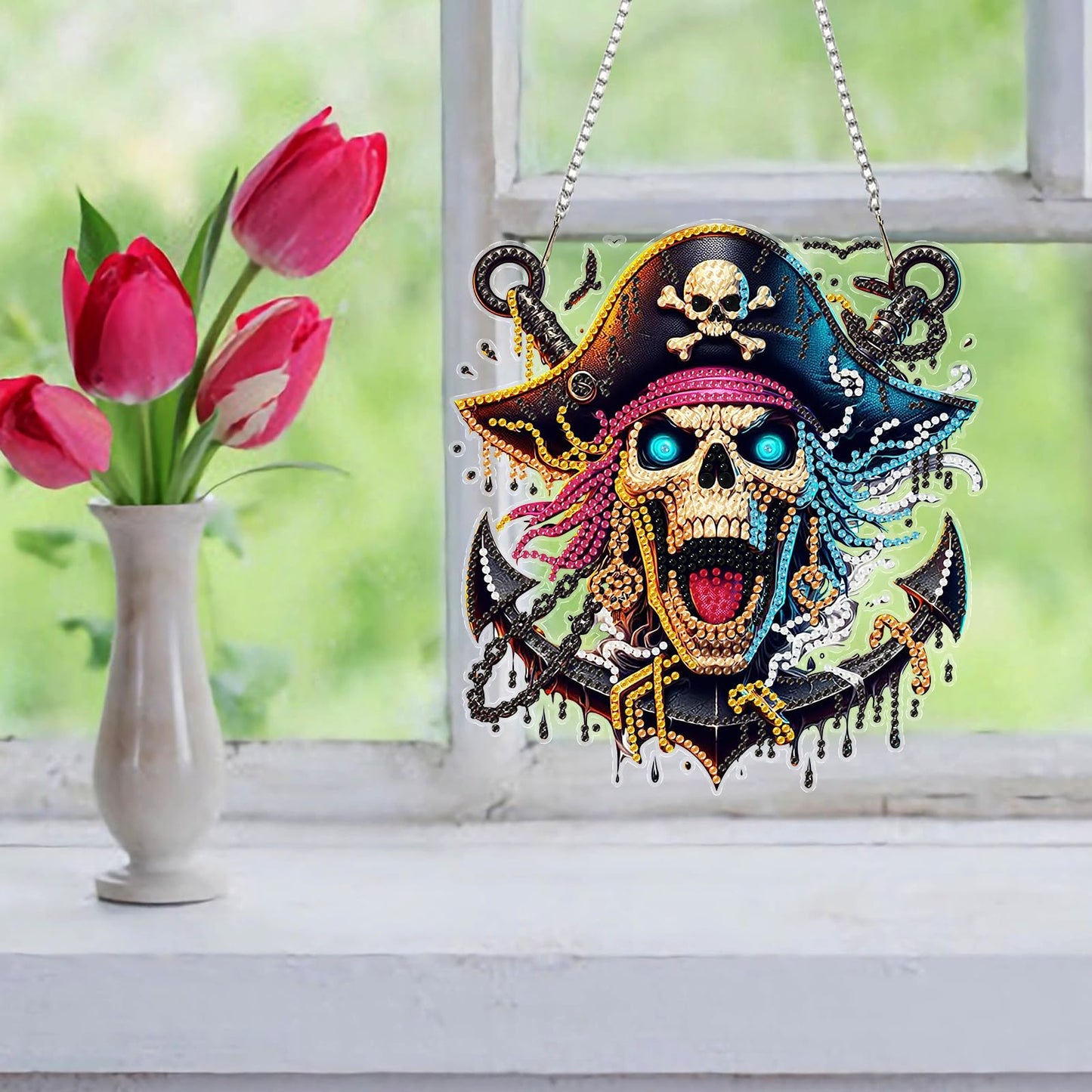 Auremi Pirates Diamond Art Pendant Kits,5D Skulls Diamond Art Diamond Painting Hanging Kits,DIY Special Shaped Diamonds Painting Suncatcher Pendant Kit for Adults for Gift Wall Home Decor