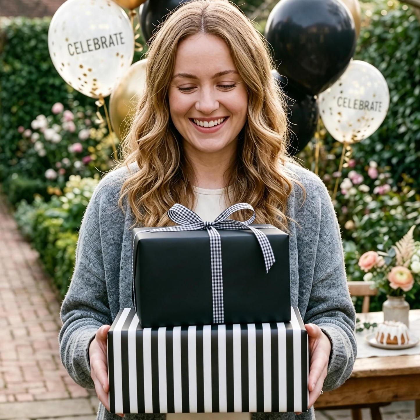 Homeral Black Wrapping Paper Roll - 17 In x 33 Ft Matte Metallic Solid Color & Black and White Stripe Reversible Gift Wrapping Paper for Birthday, Christmas, Father's Day, Graduation, DIY Bouquet