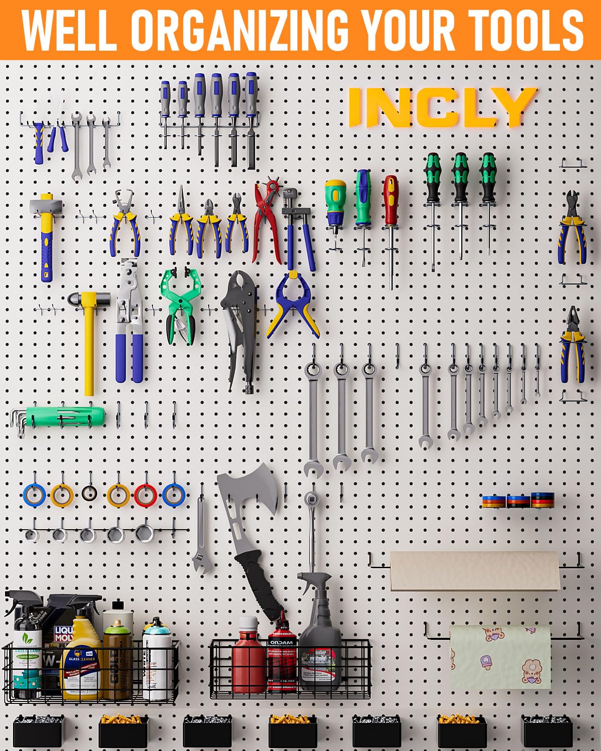 INCLY 238PCS Pegboard Accessories Organizer Kit, Peg Board Hooks Assortment with Peg Bins, Baskets, Paper Towel Holder for 1/8 and 1/4 inch Pegboard Hanging Tools, Garage Wall Storage Attachments