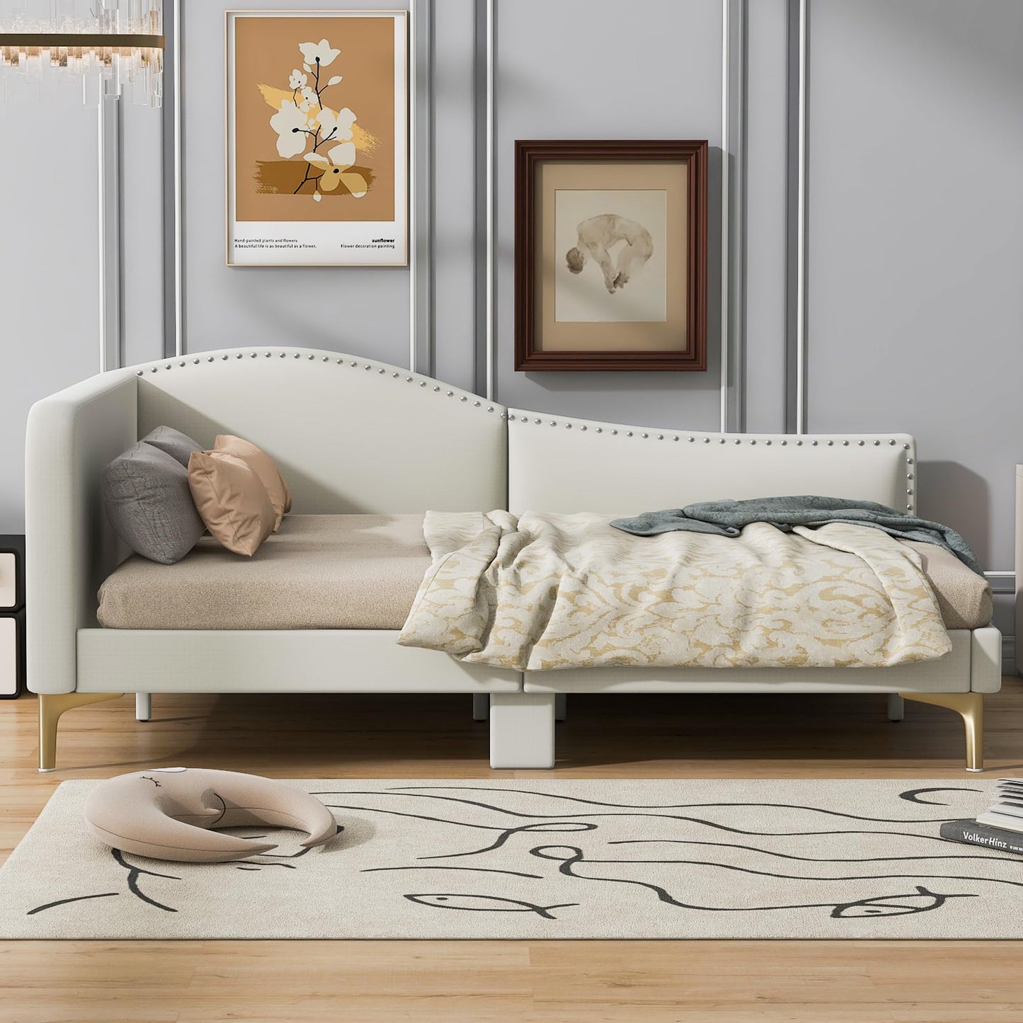 Ball & Cast Full Size Daybed with Golden Metal Legs,Linen Upholstered Daybed Frame with Nailhead Trim and Wood Slat Support,No Box Spring Needed,Beige