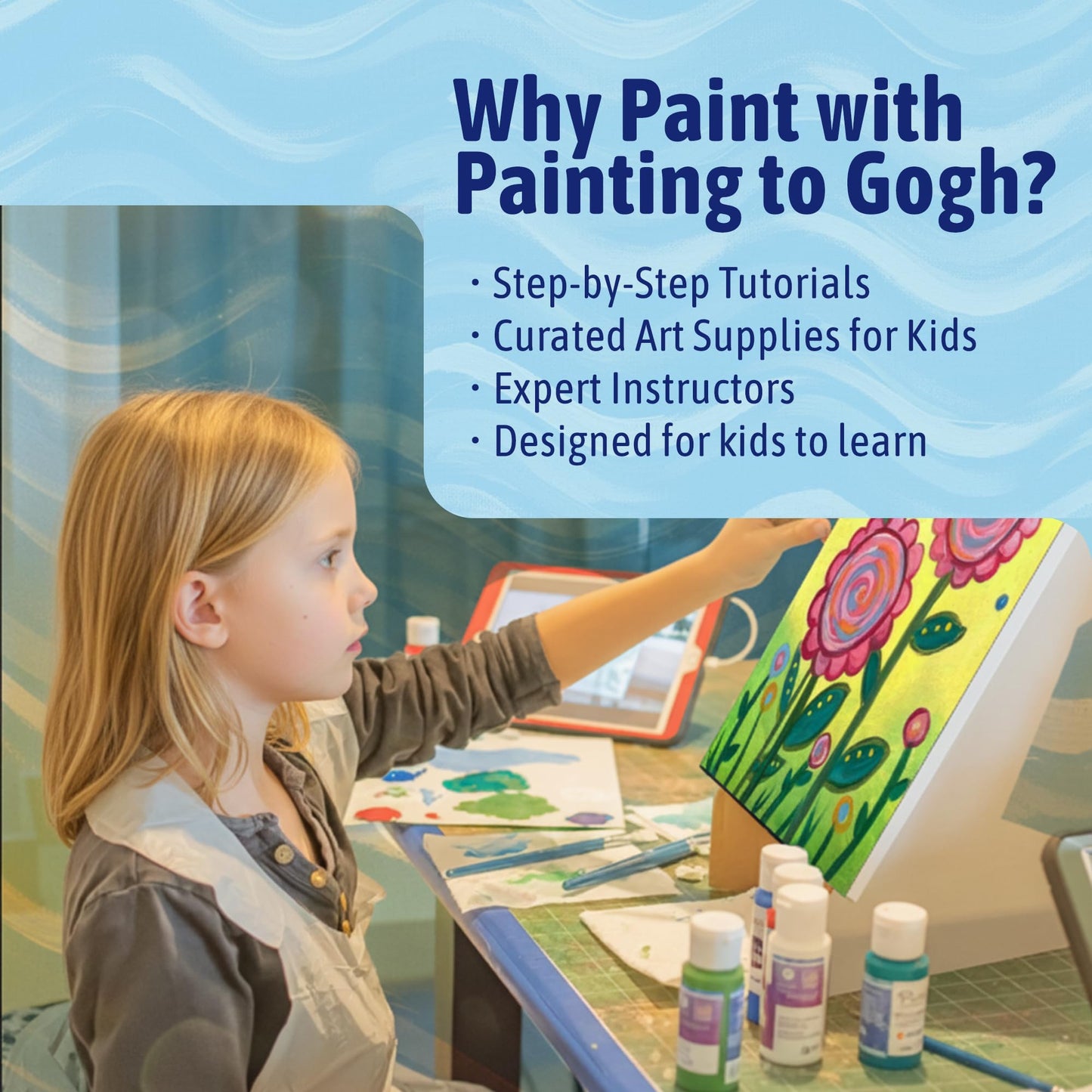 Painting to Gogh – 4-in-1 Kids Painting Kit – 4 Canvases, Set of 3 Brushes, Acrylic Paint, Easels, Palettes –Ages 6+