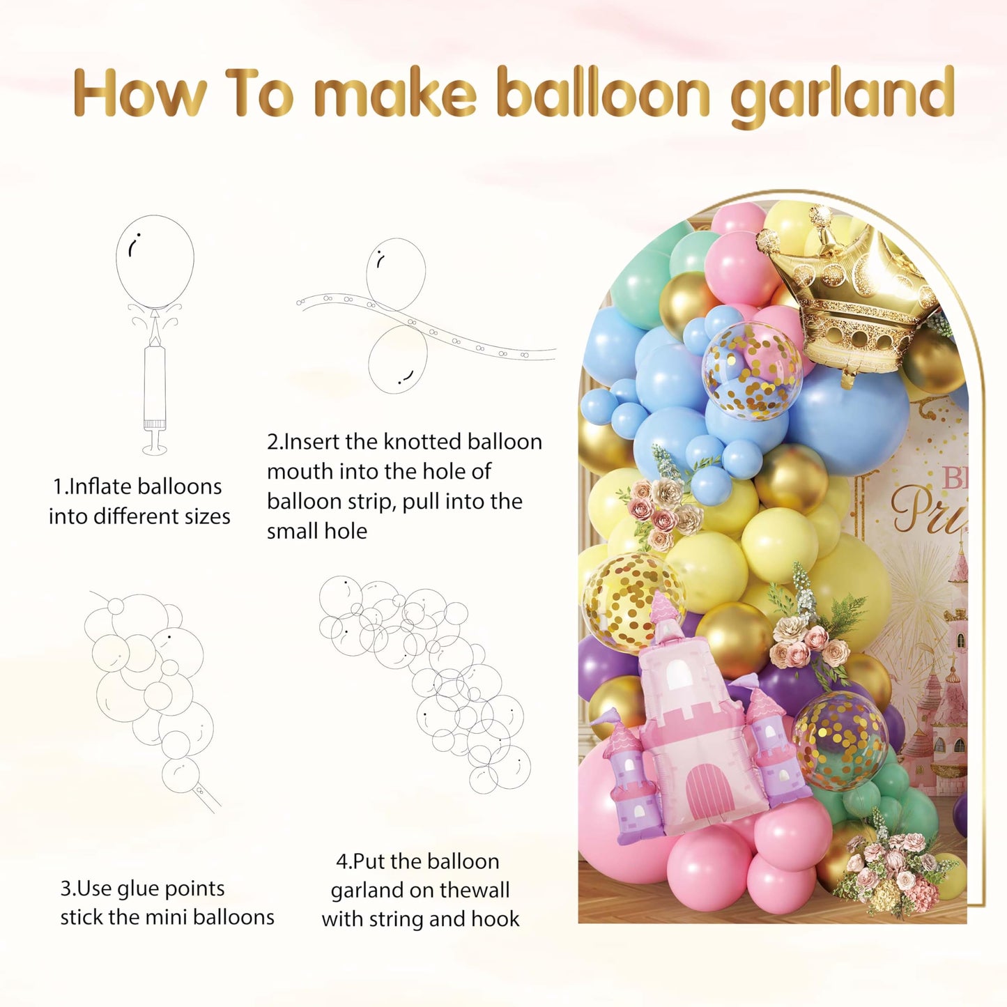 102pcs Princess Balloon Garland Arch Kit with Giant Pink Castle & Gold Crown Foil Balloons, 18/12/10/5 Inch Macaron Pastel Rainbow Latex for Girls Birthday, Fairytale Baby Shower
