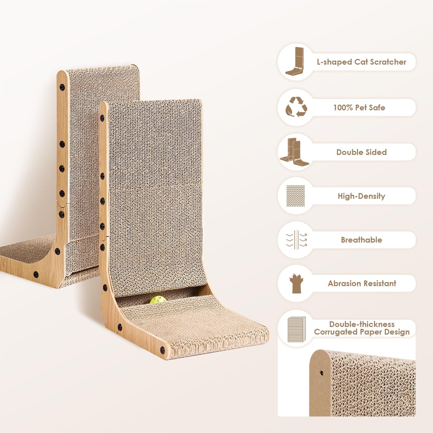 EHEYCIGA Cardboard Cat Scratcher for Indoor Cats, 26.8 Inch L Shaped Vertical Cat Scratching Board with Ball Cat Toy, Large Cat Scratcher Pad, Brown